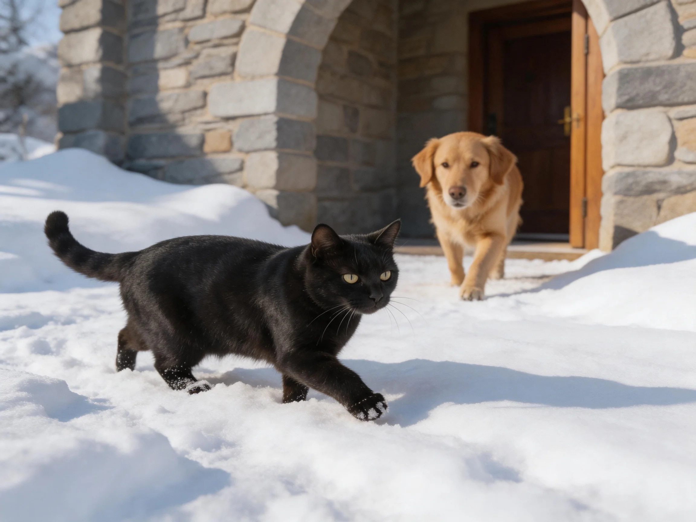 A black cat and golden retriever move through snow outside a stone building.