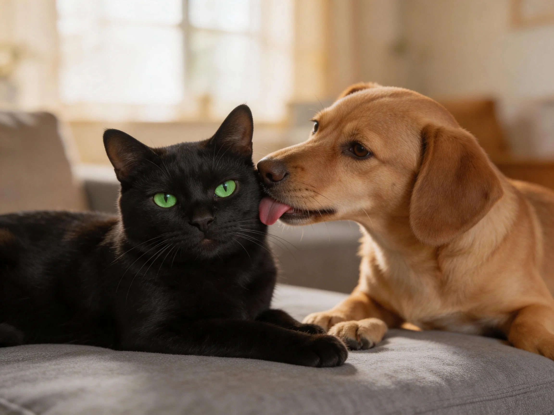 A black cat with green eyes remains calm as a tan dog licks its face.