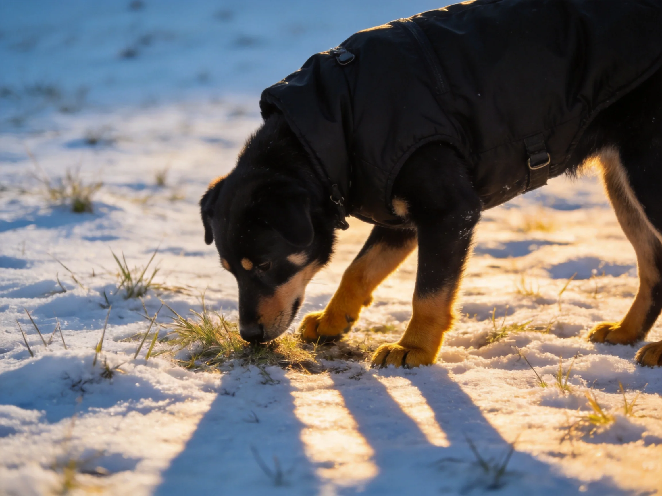 A black-coated dog sniffs snow-covered grass in golden sunlight
