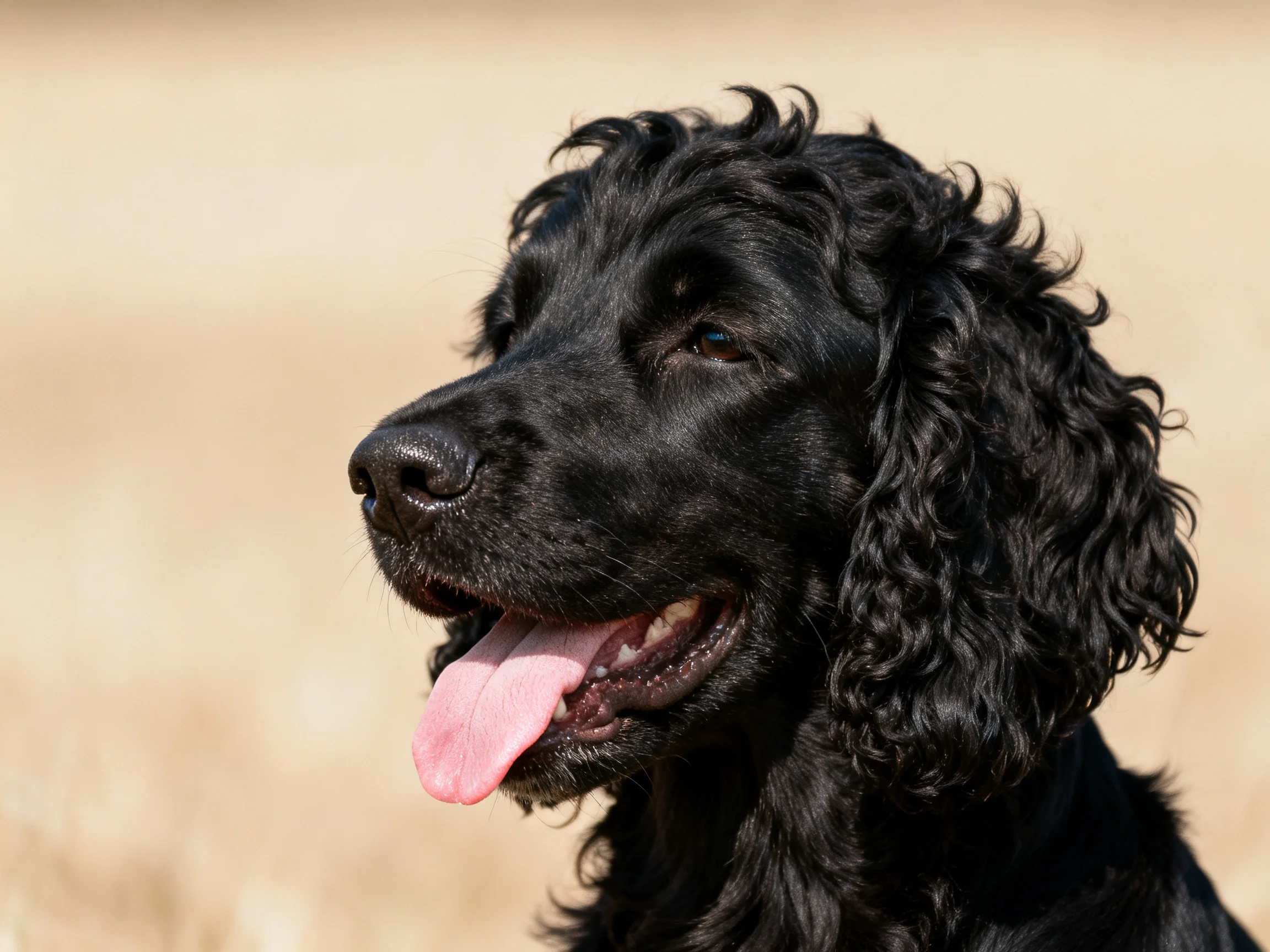 A black curly-coated dog panting in natural light