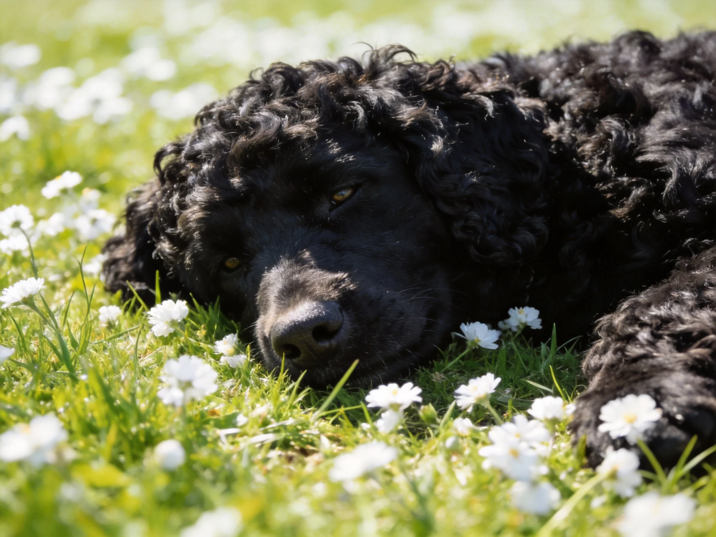 A black curly-coated dog rests among white wildflowers in a sunlit meadow