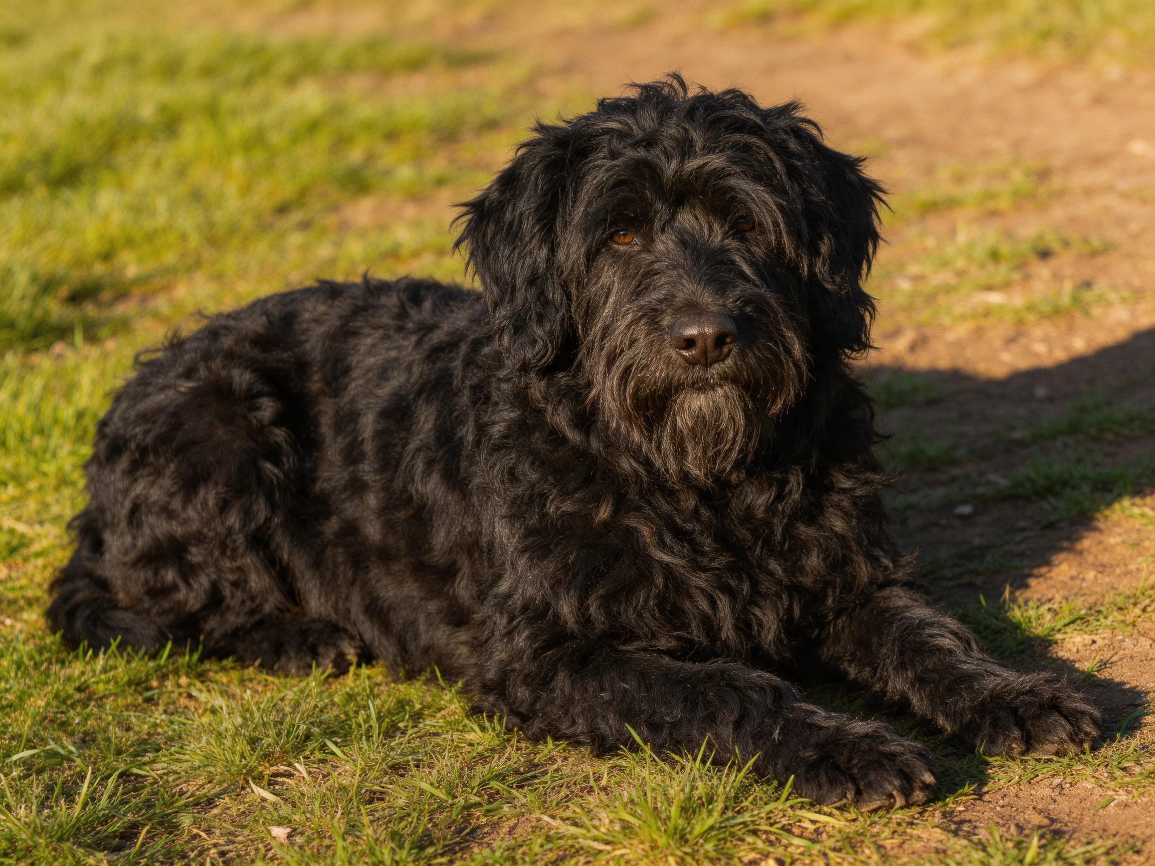 A black curly-coated dog relaxes on mixed grass and dirt.