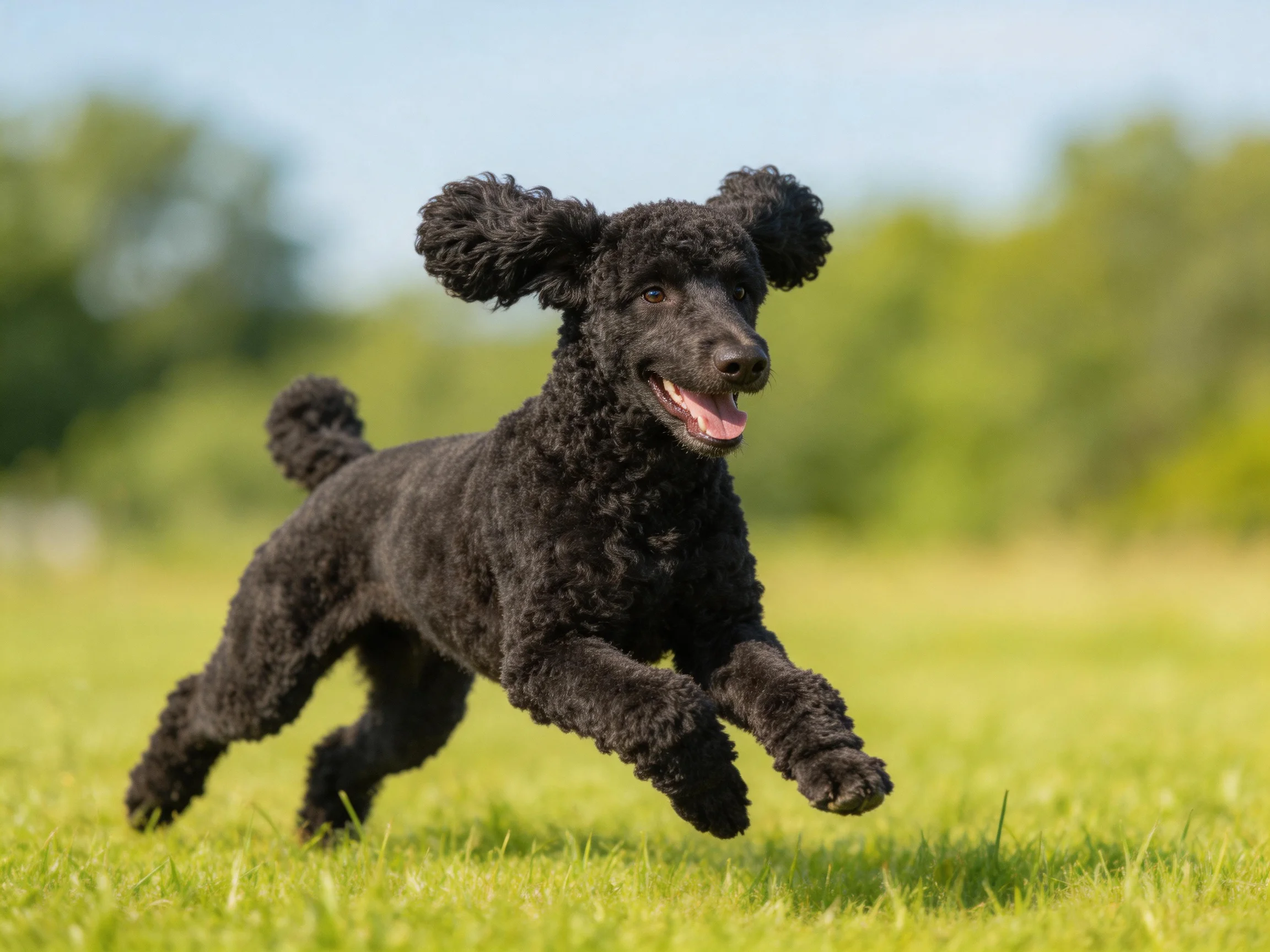 A black curly-coated dog running on lush grass