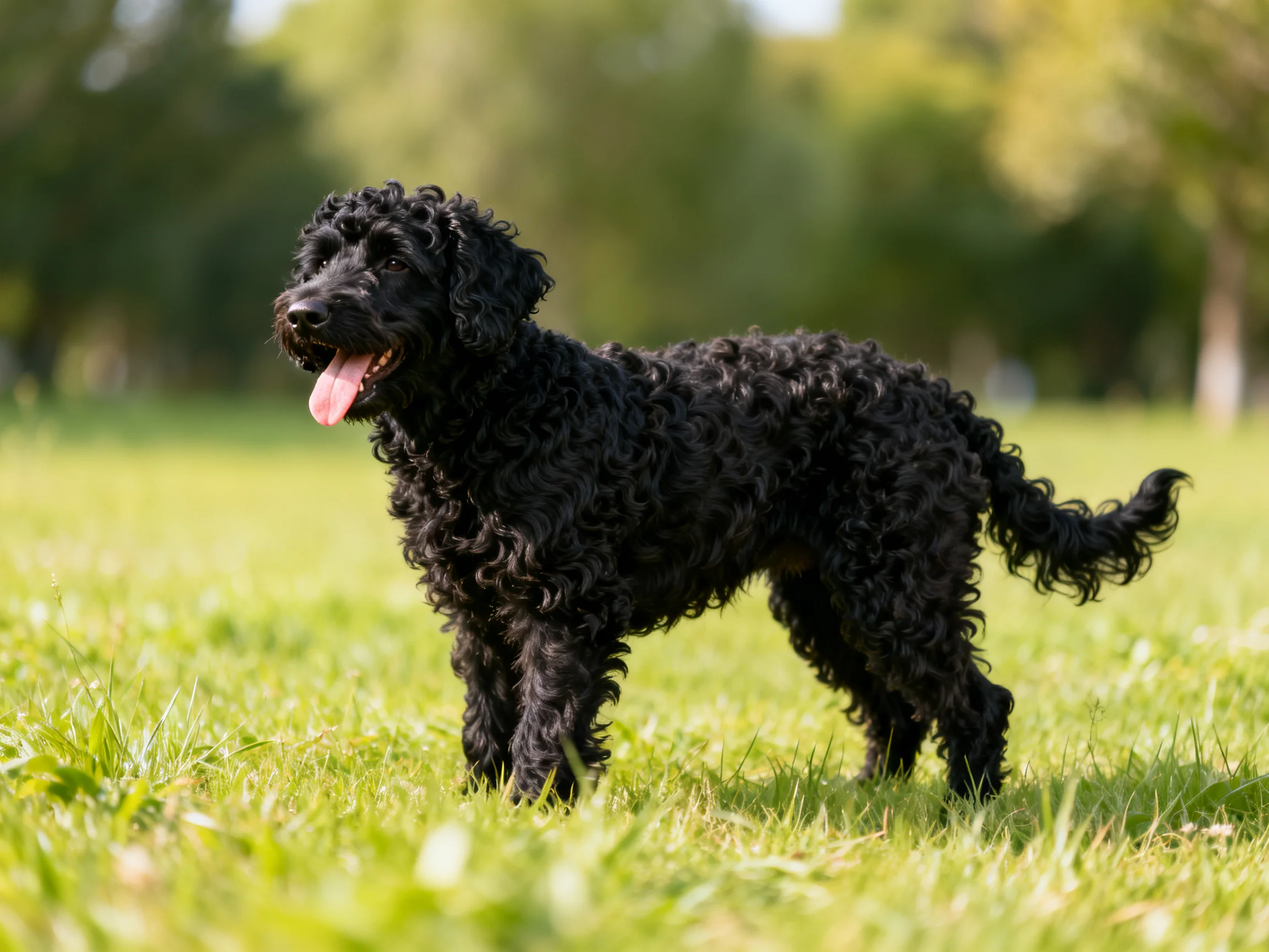 A black curly-coated dog standing on lush green grass