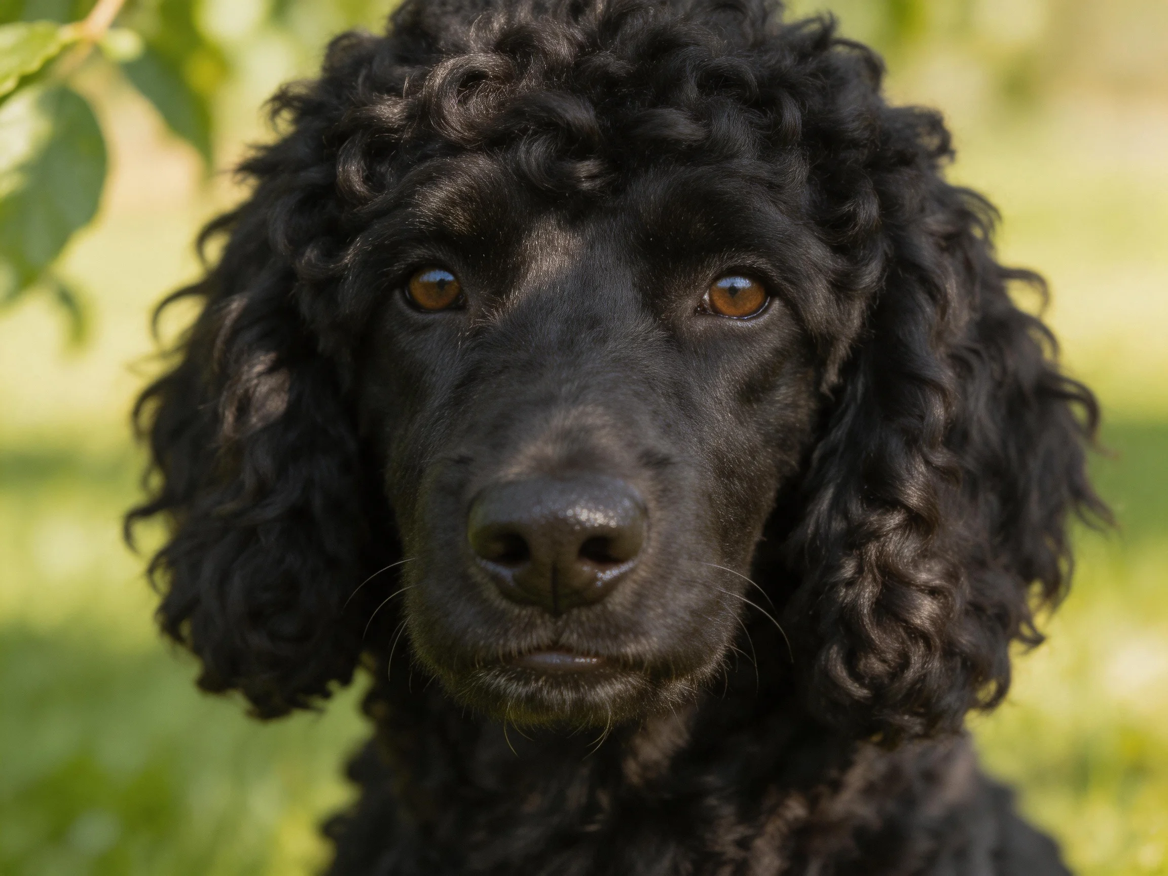 A black curly-coated dog with amber eyes in a sunlit outdoor area