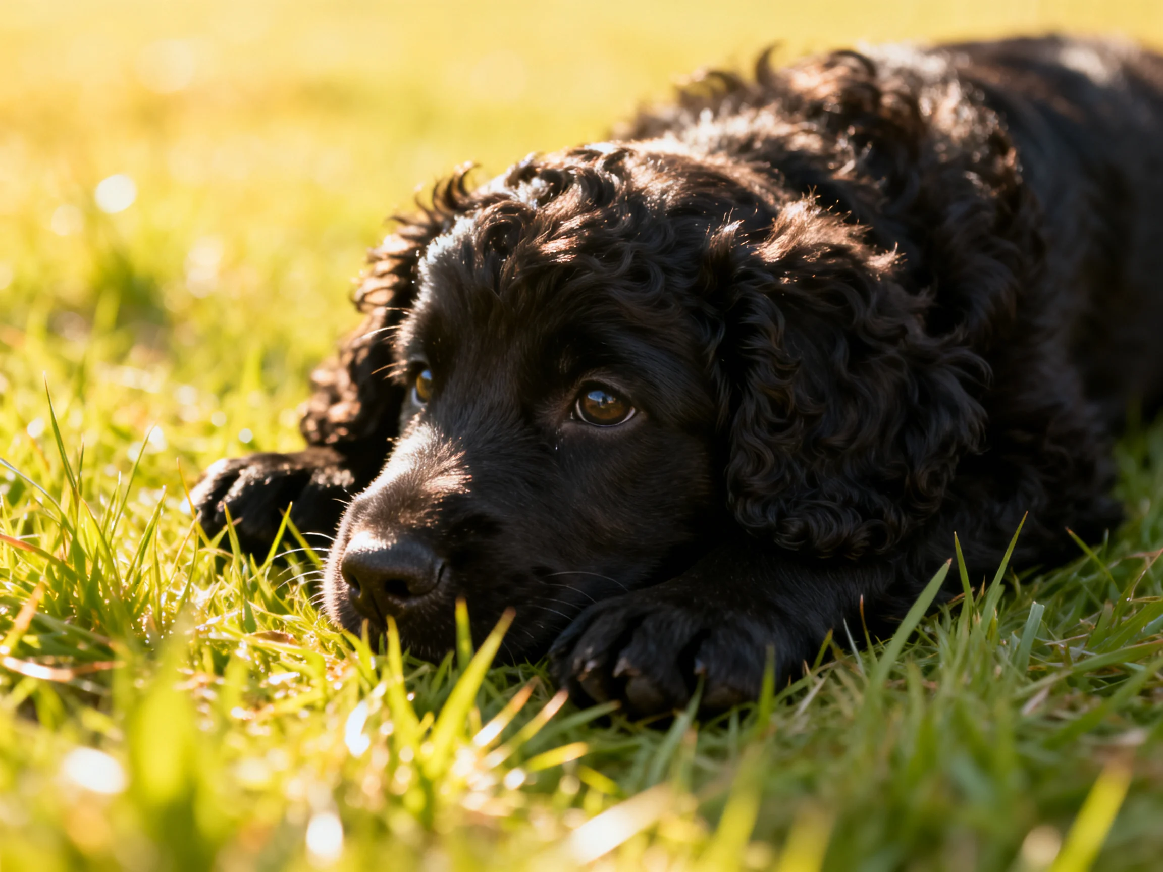 A black curly-coated puppy resting on sunlit green grass