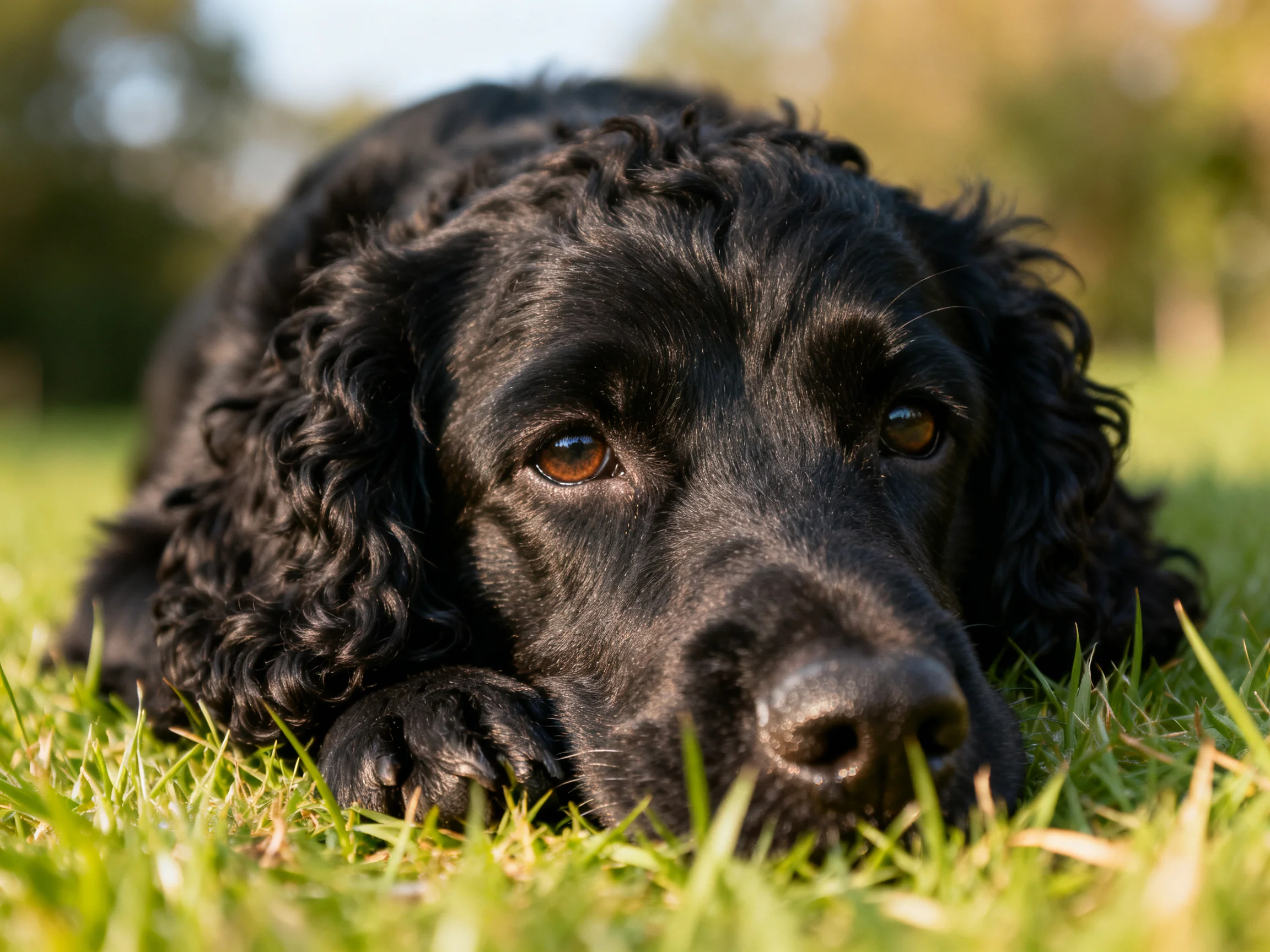 A black curly-coated retriever rests on lush green grass