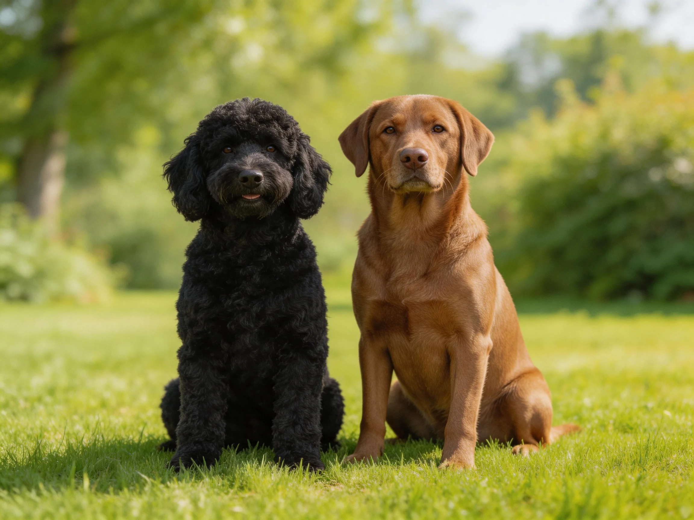 Two dogs of different breeds and colors sit together on grass