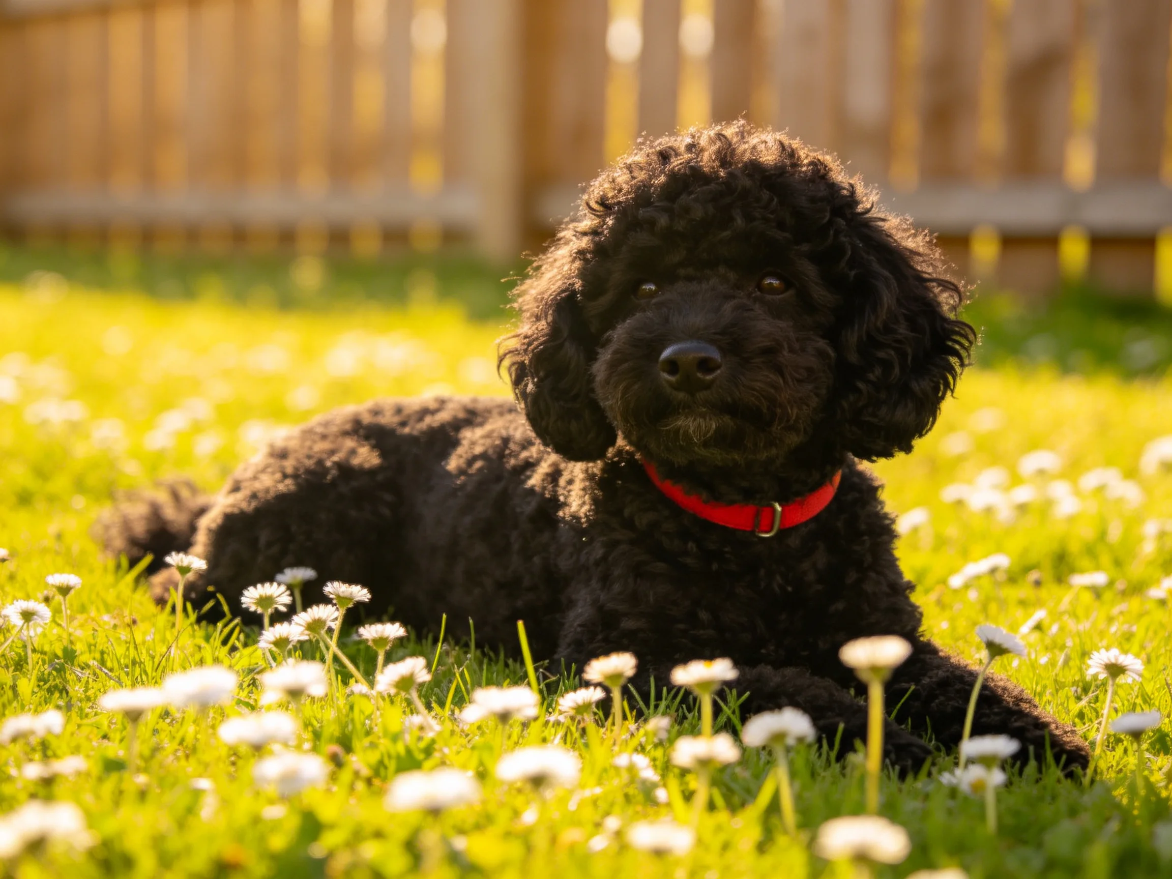 A black curly dog rests among daisies in a sunny yard