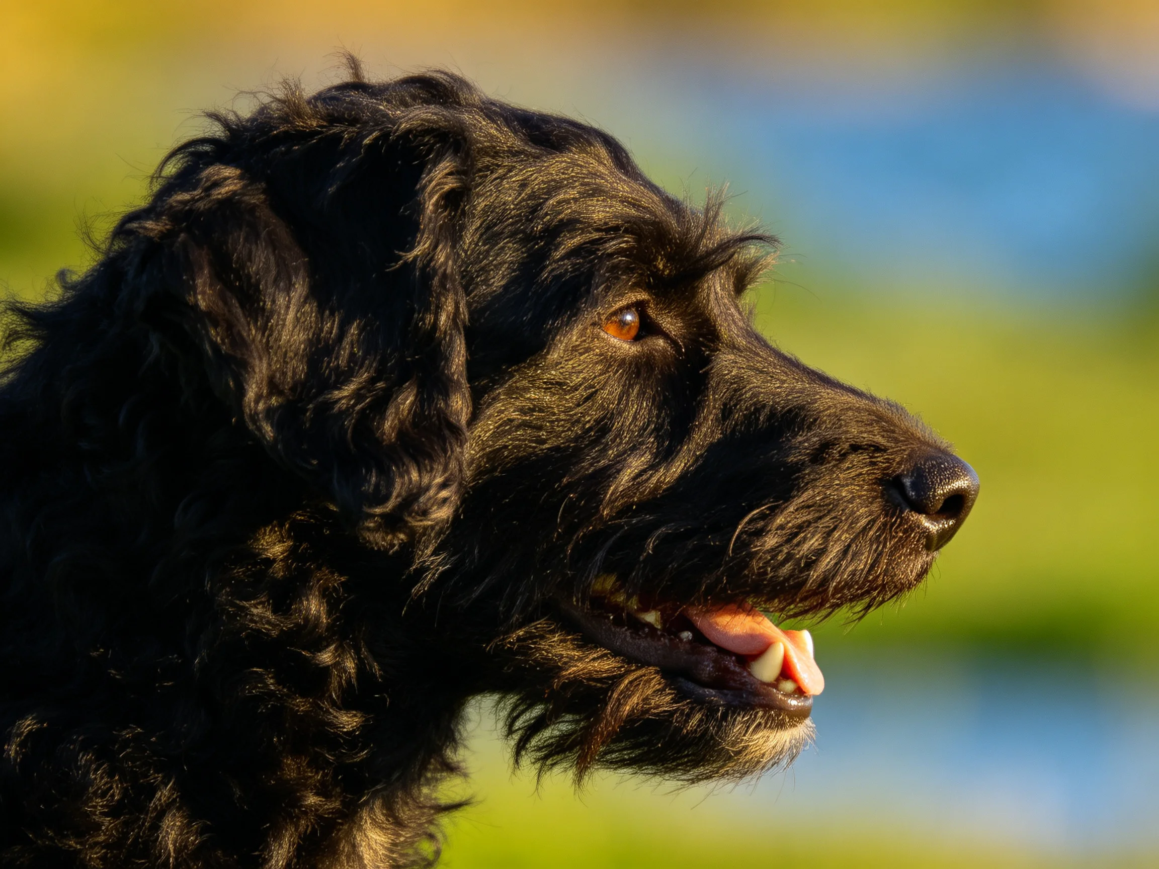 A black curly-furred dog with warm-toned eyes in natural light