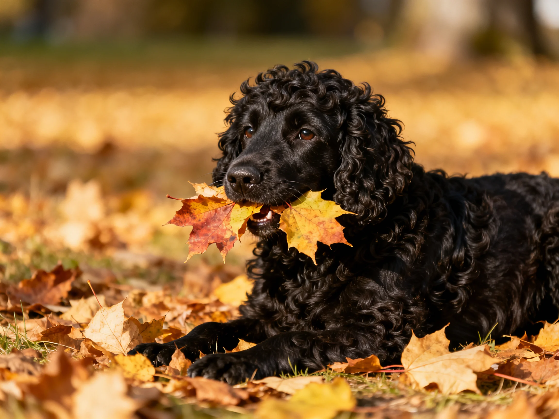A black curly-haired dog carrying colorful autumn maple leaves