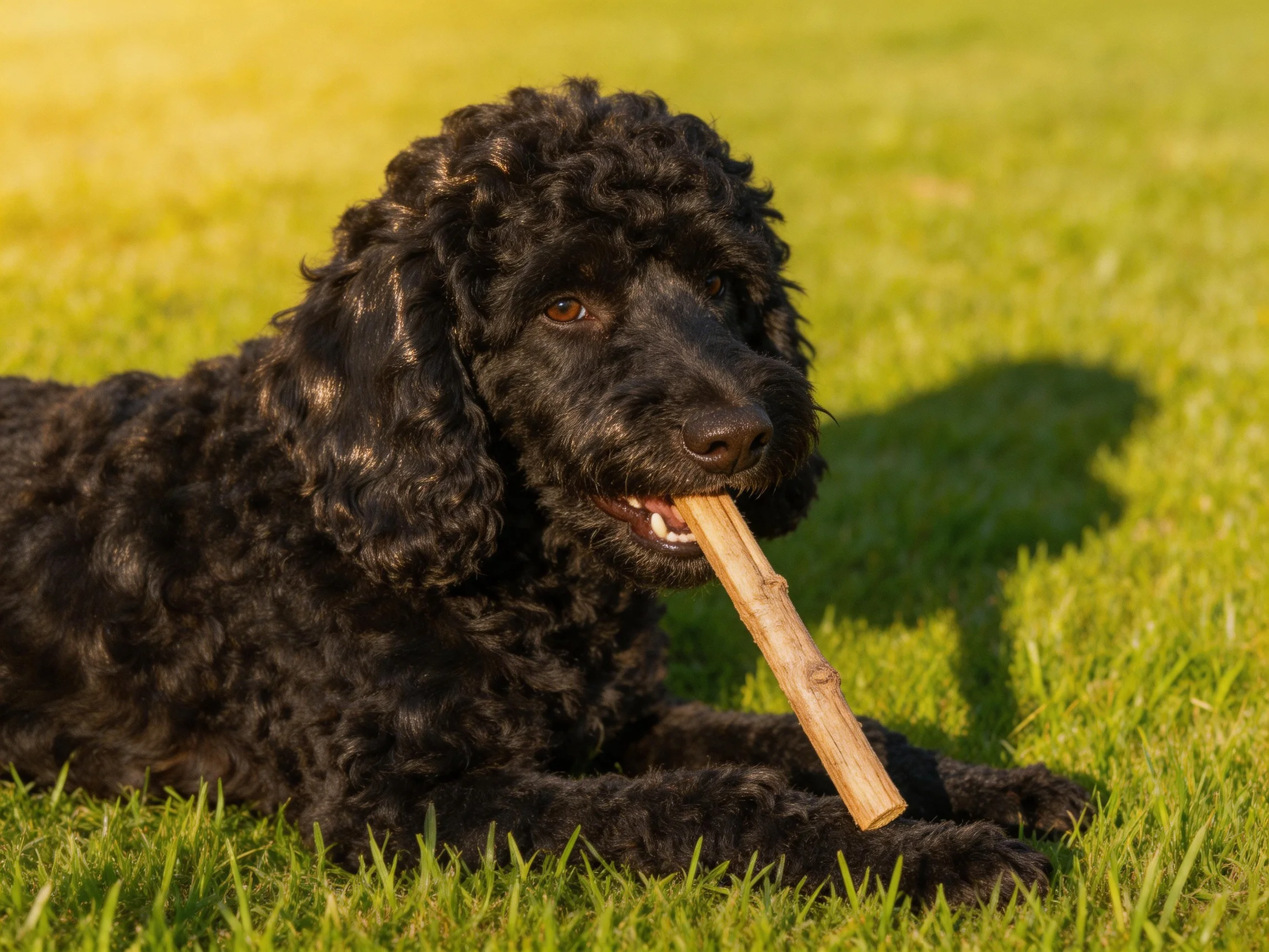 A black curly-haired dog holds a wooden stick on lush green grass