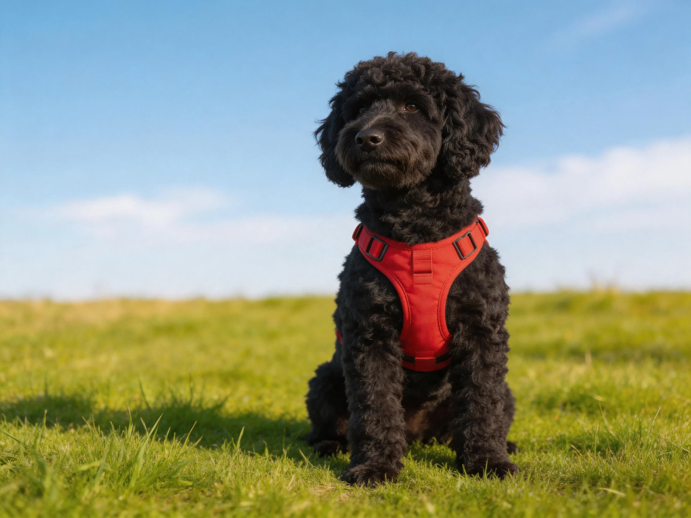 A black dog with a red harness sits on a grassy field.