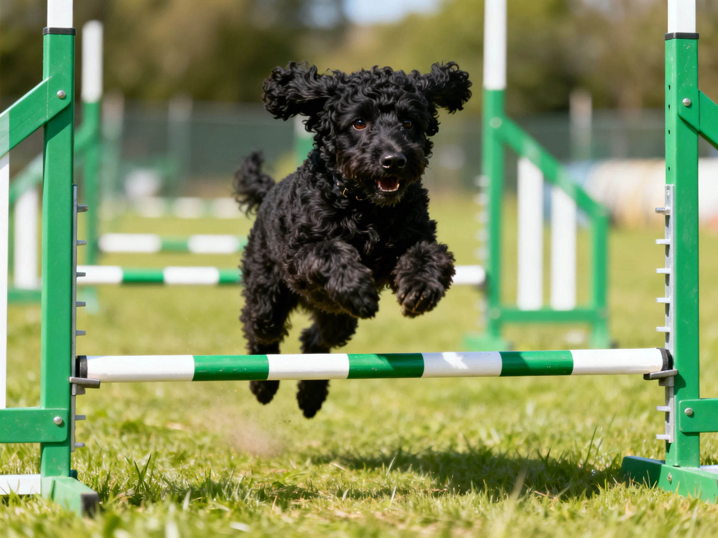 A black curly-haired dog jumps over green-and-white agility hurdles