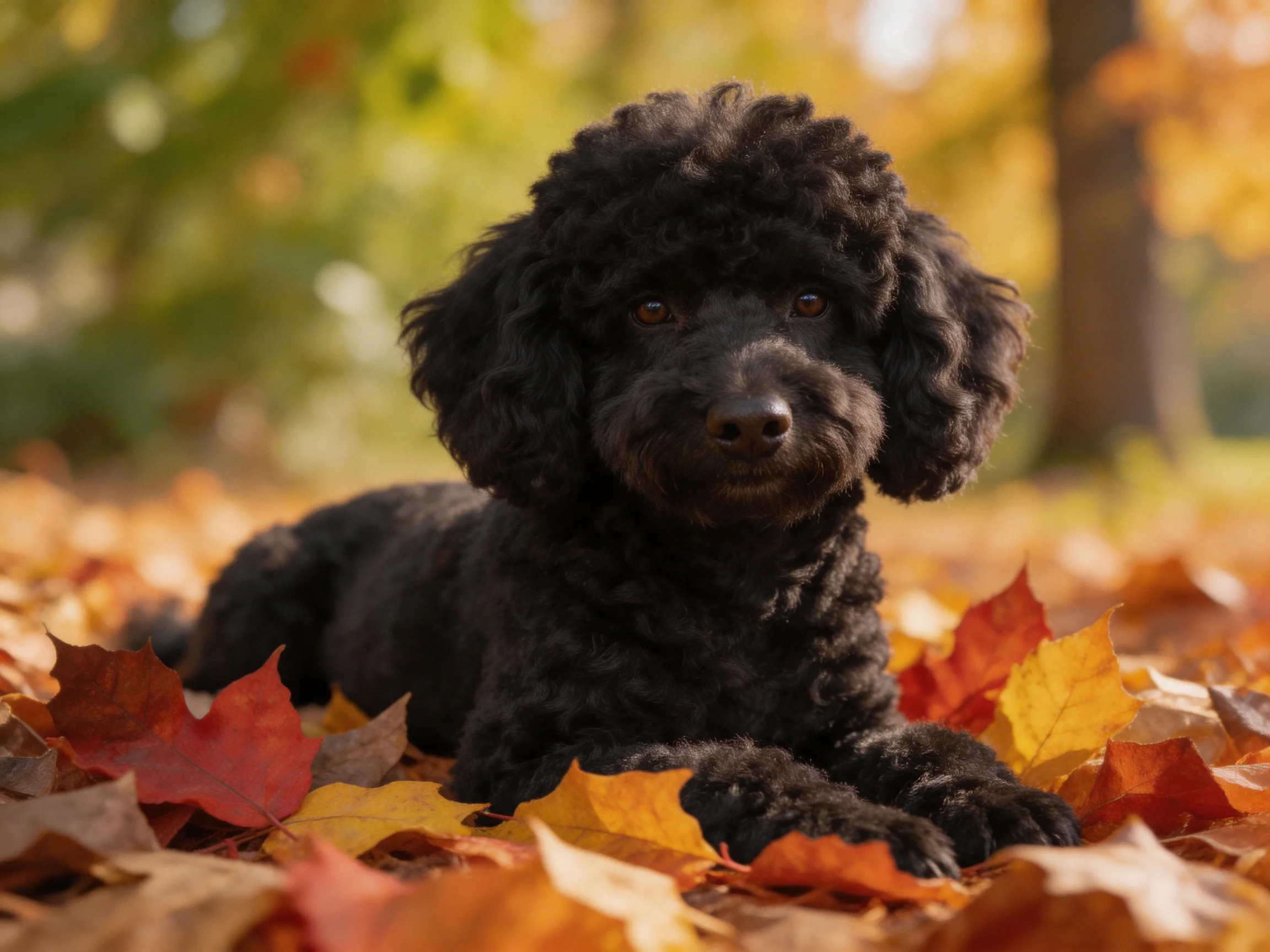 A black curly-haired dog rests amid colorful autumn leaves in a sunlit outdoor space