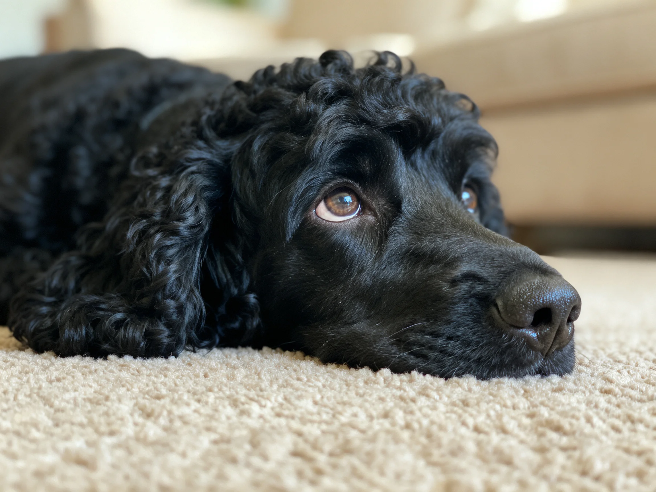 A black curly-haired dog rests on a beige carpet indoors