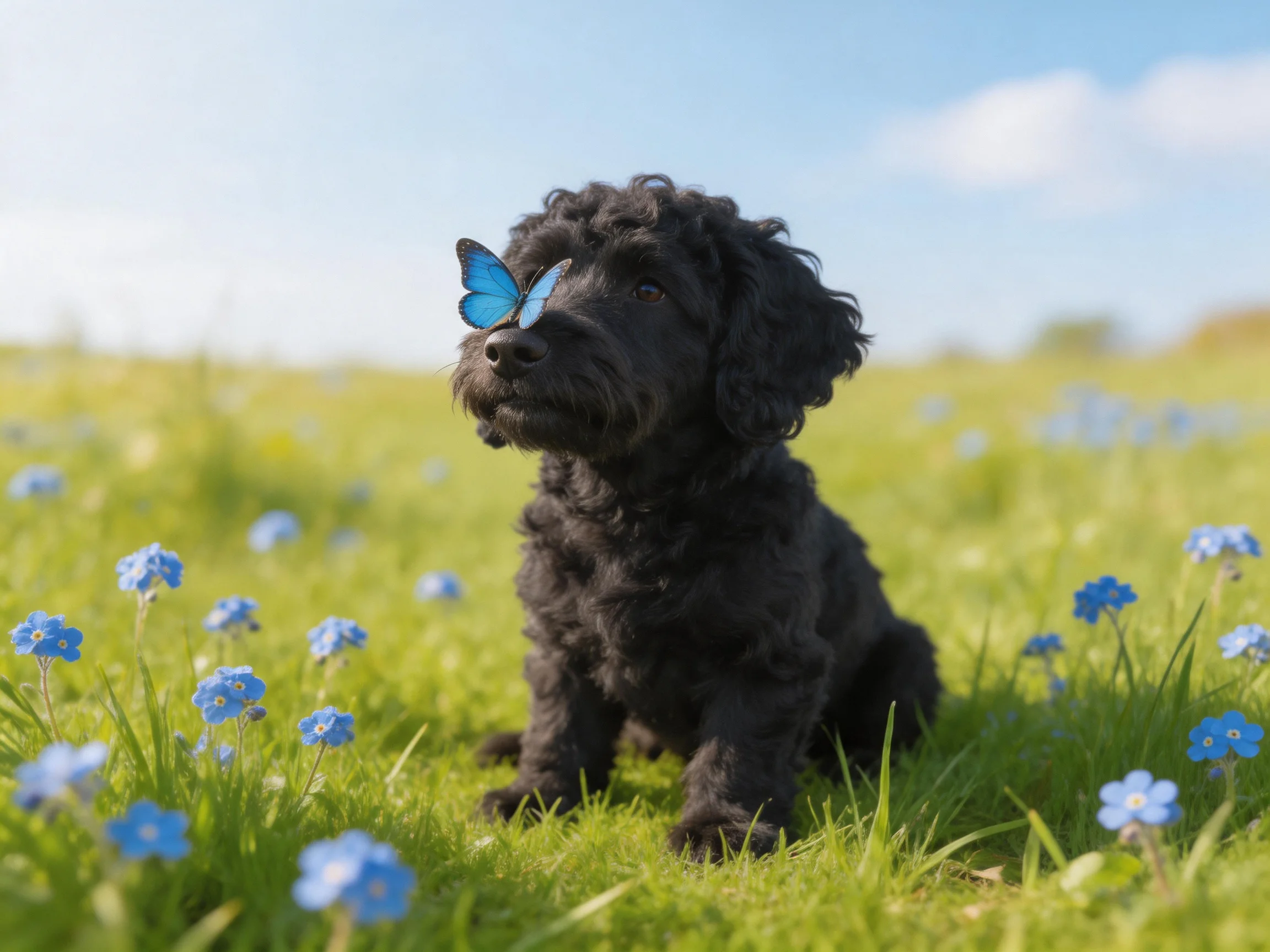 A black dog sits in a flower-filled meadow with a blue butterfly near its nose.