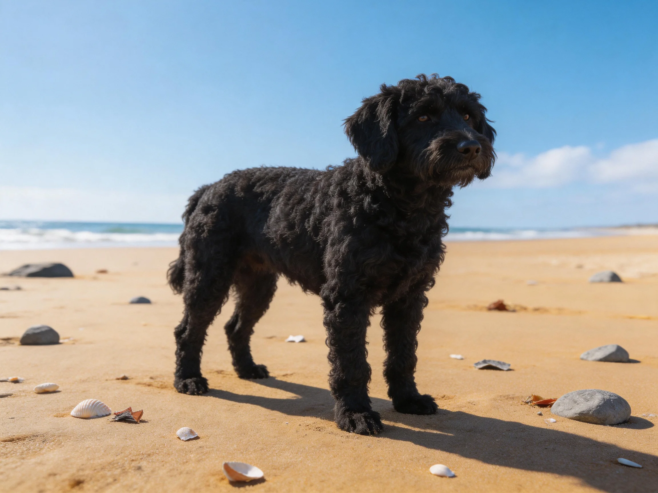 A black dog stands on a sandy beach near scattered shells and rocks.