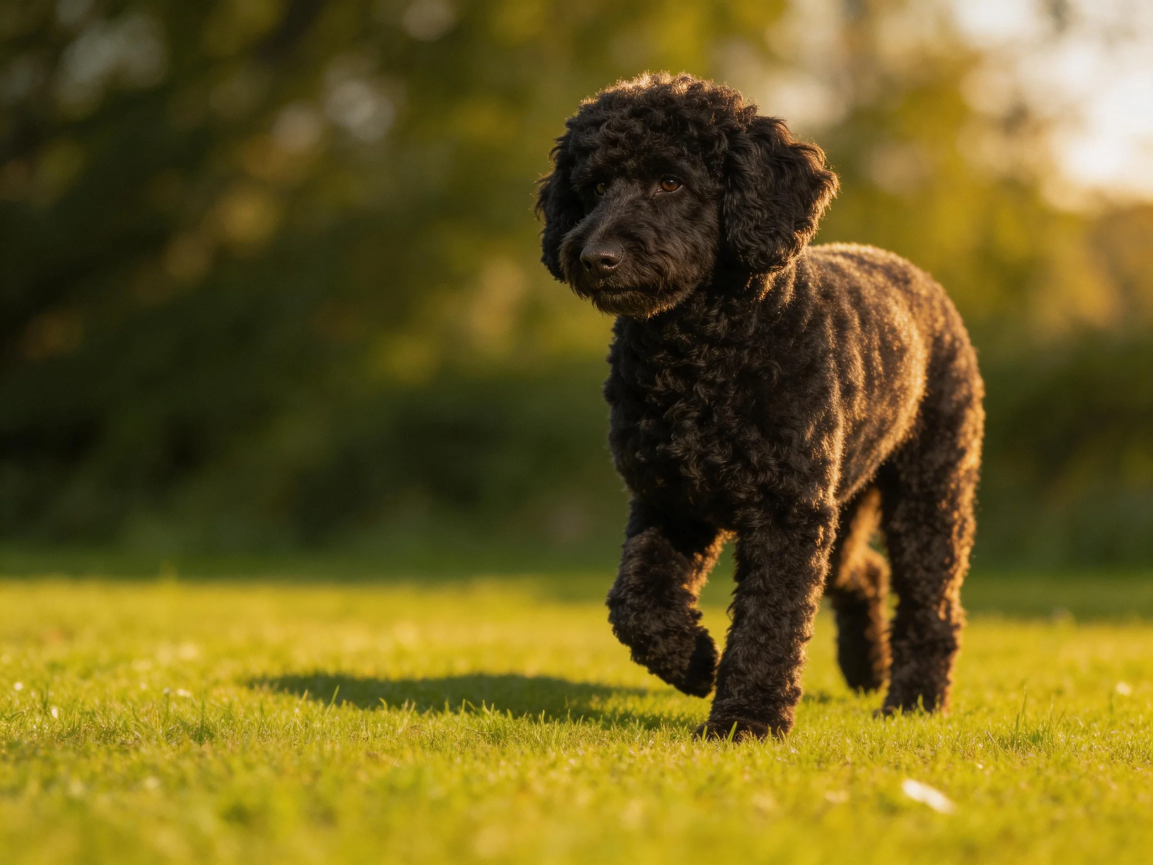 A black curly-haired dog walking on a sunlit green lawn