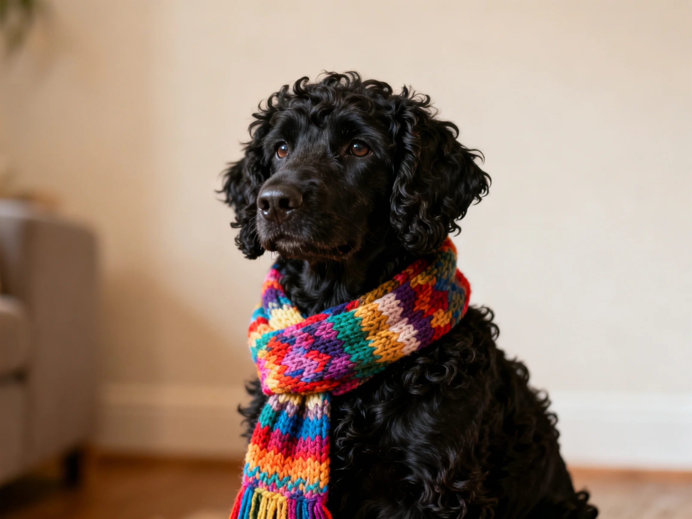 A black curly-haired dog wearing a vibrant multicolored knitted scarf