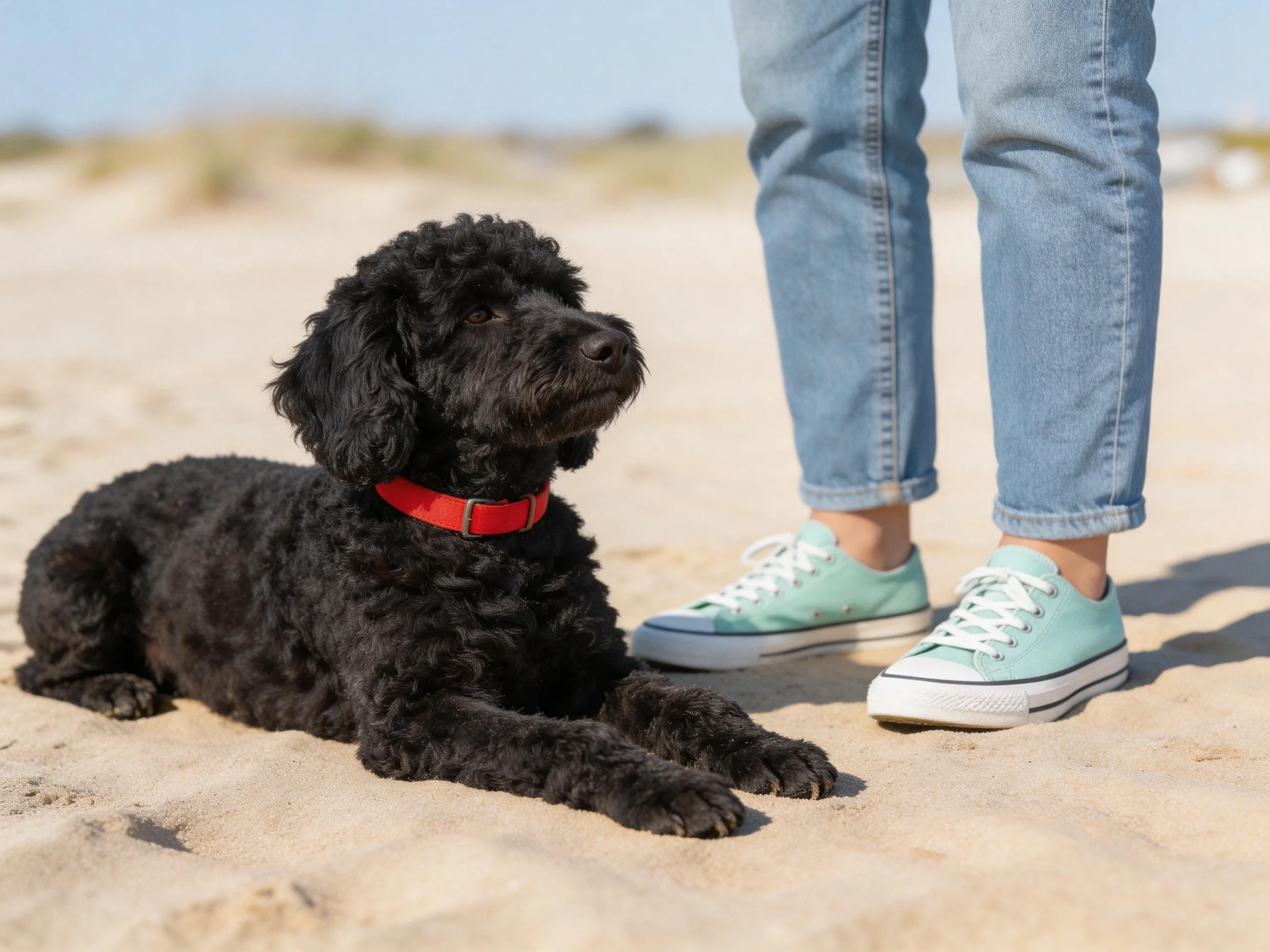 A black curly-haired dog with a red collar rests beside someone in blue jeans on sandy ground