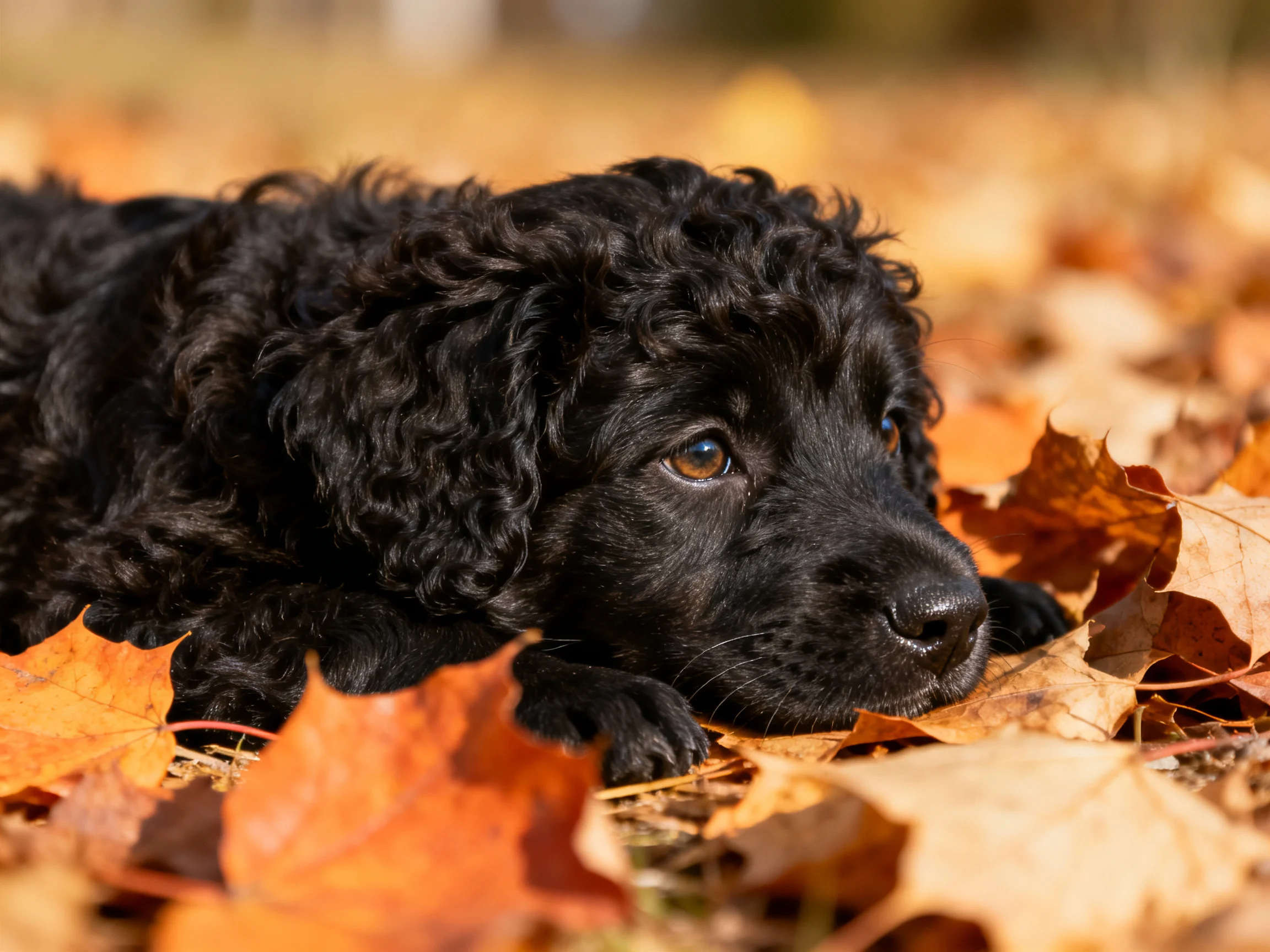 A black curly puppy rests amid vibrant orange and brown fallen leaves