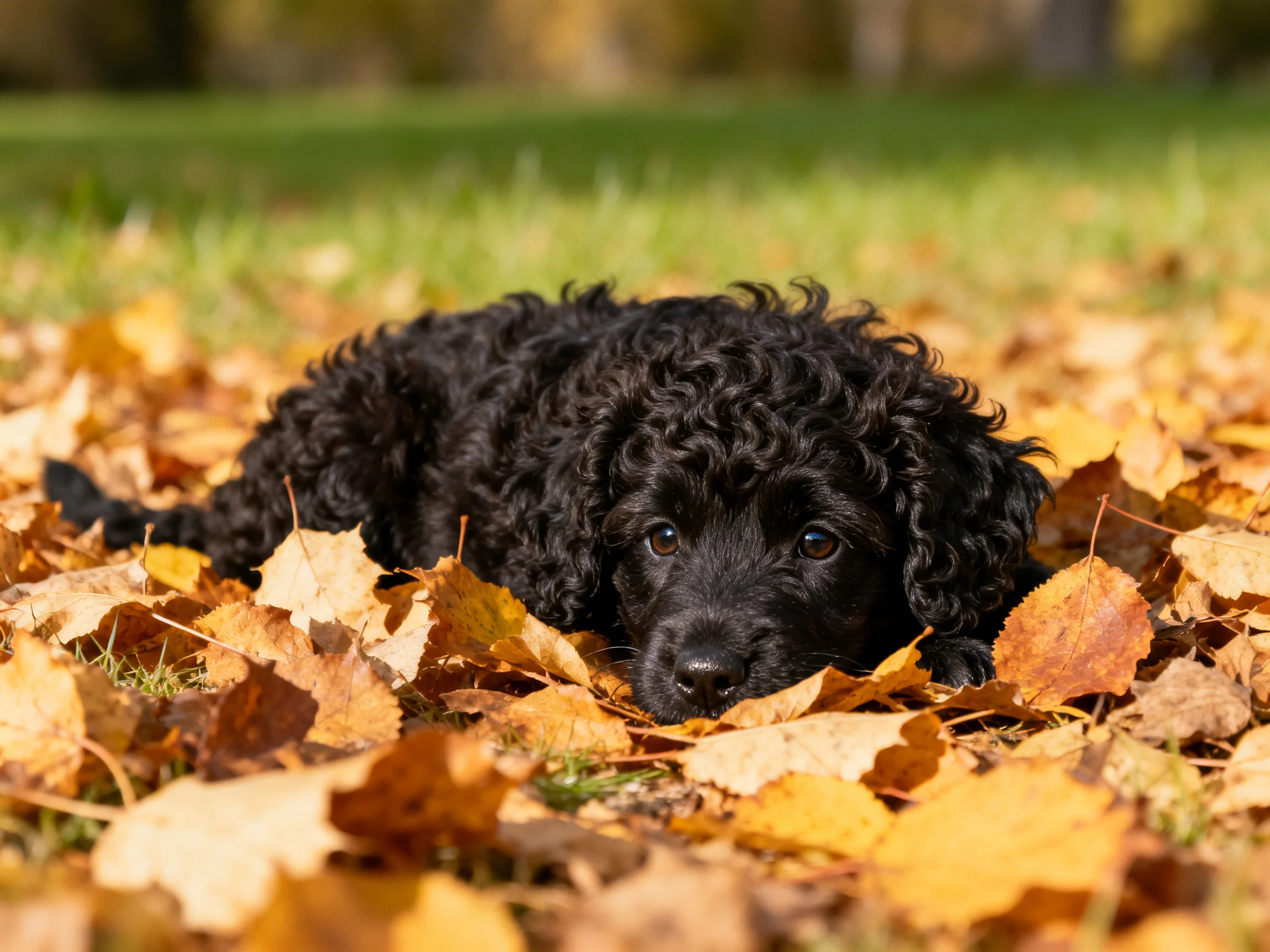 A black curly puppy rests among golden autumn leaves in an outdoor setting