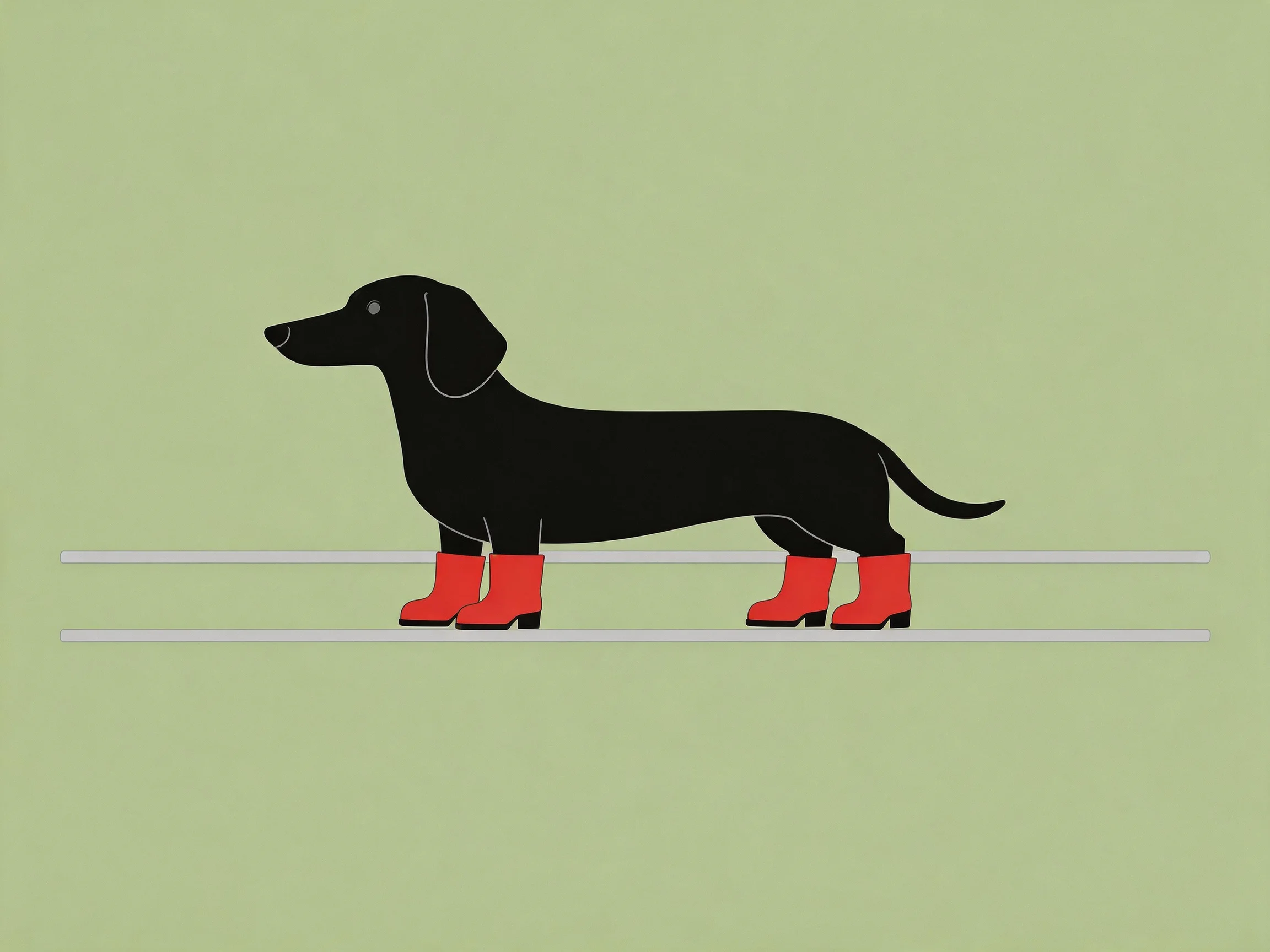 A black dachshund with red boots stands on two parallel white lines.