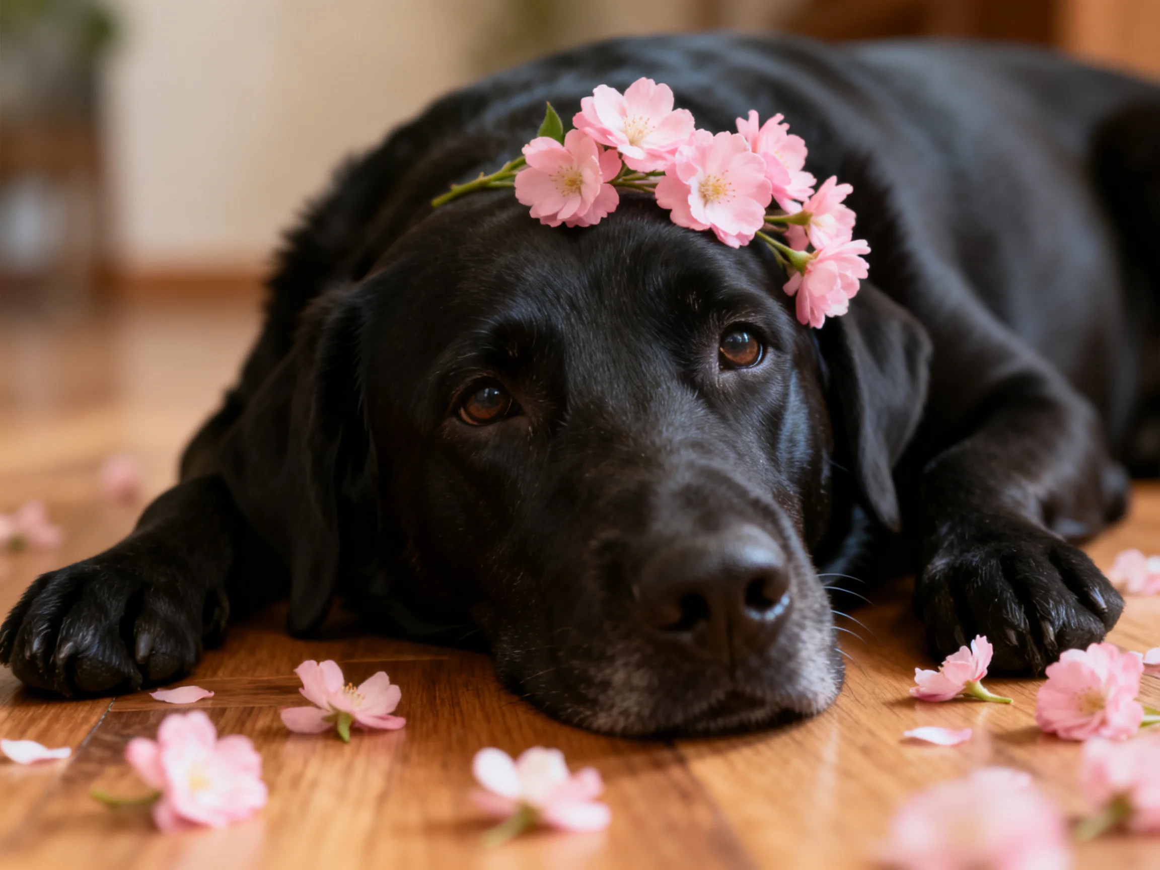 A black dog rests among pink flowers on a wooden floor.