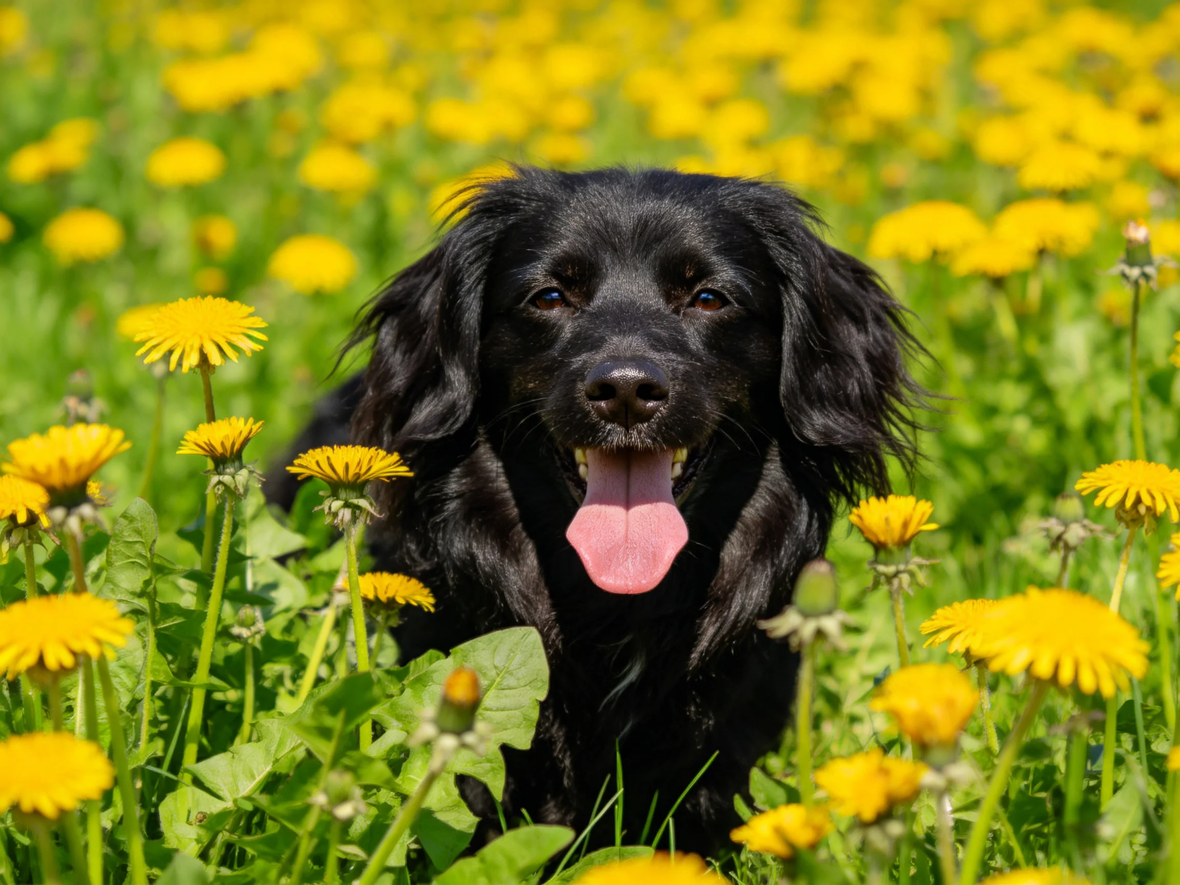A black dog amidst bright yellow dandelions in a sunlit meadow
