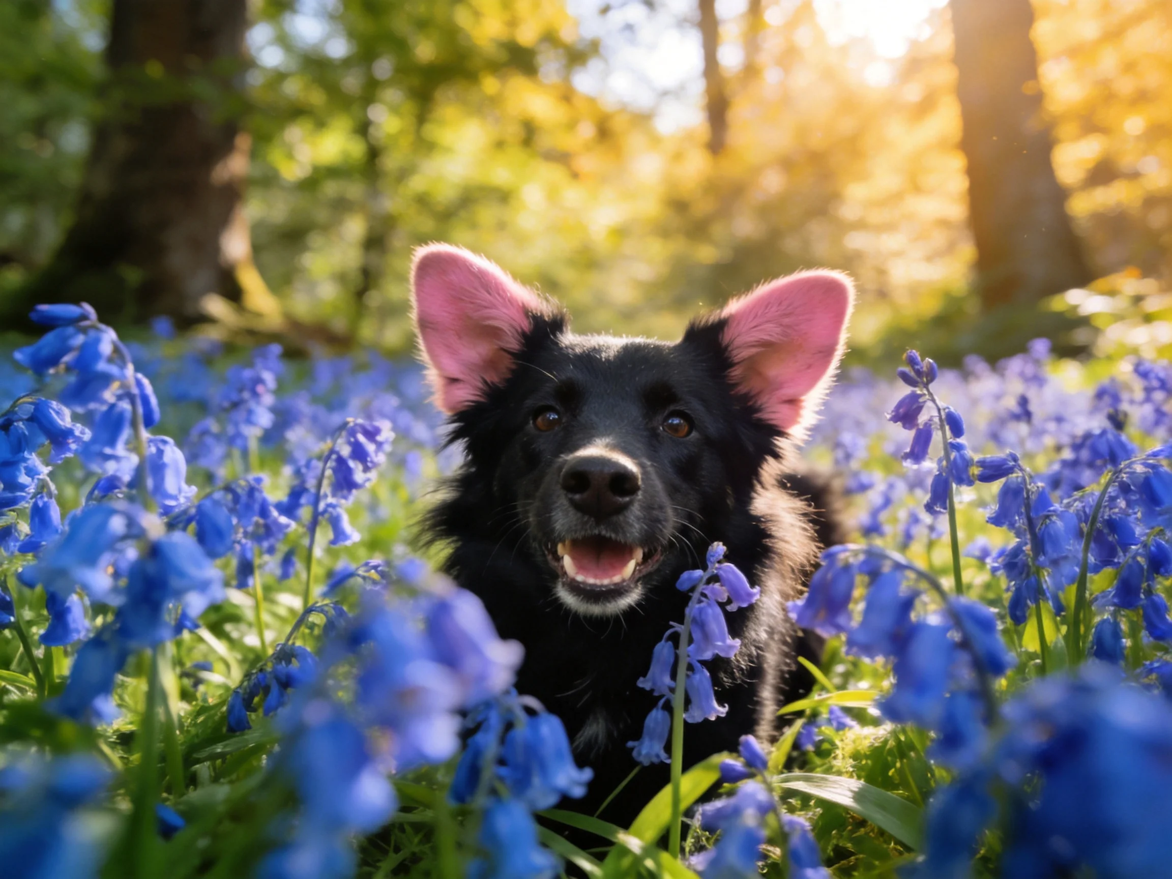 A black dog amidst vibrant bluebell flowers in a sunlit forest