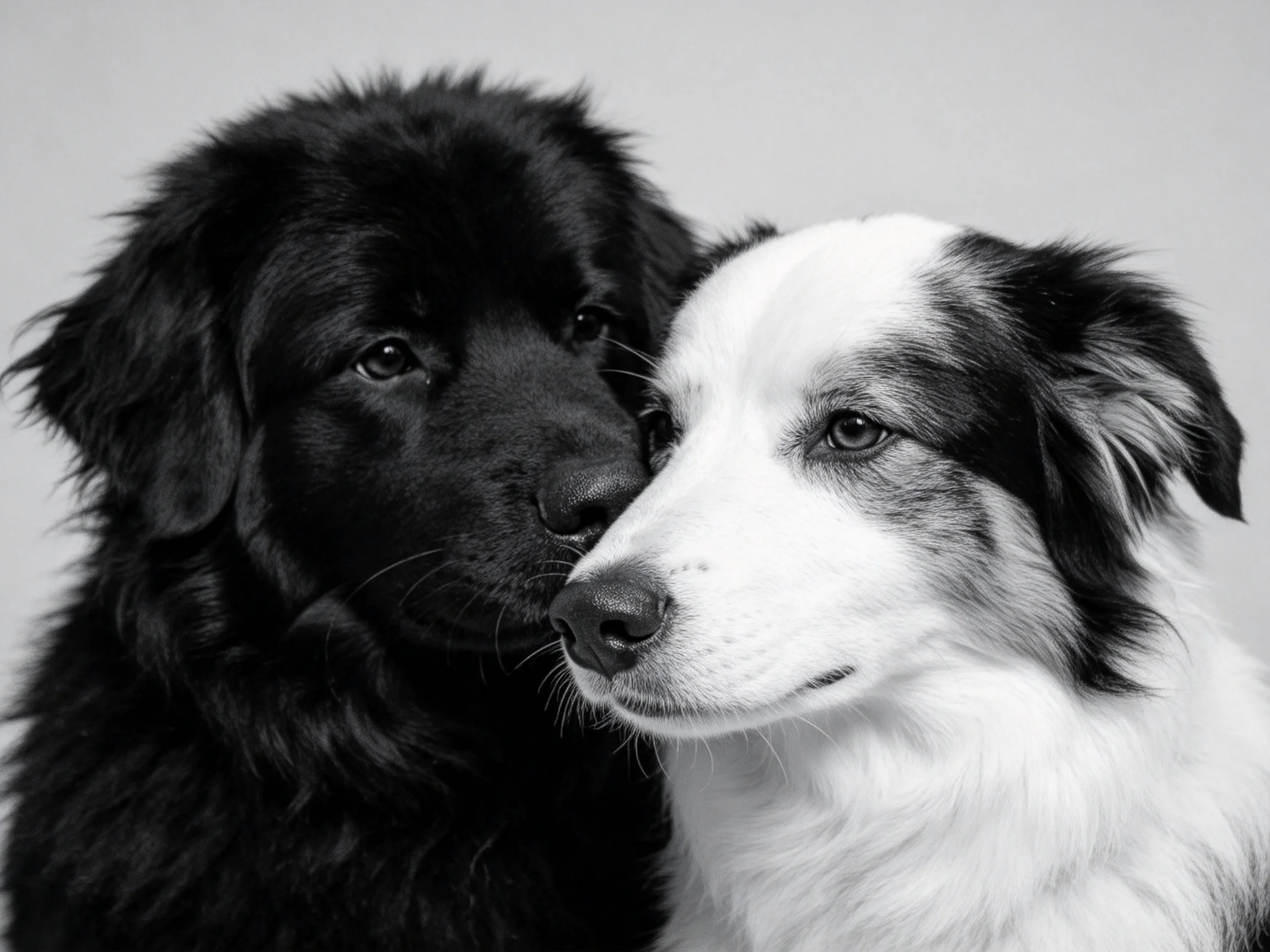 A black dog and a white dog nuzzle closely together