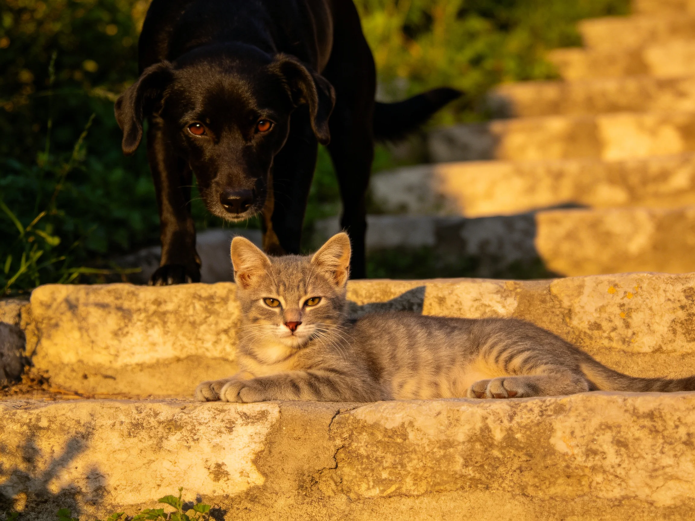 A black dog stands behind a gray kitten on aged stone steps.