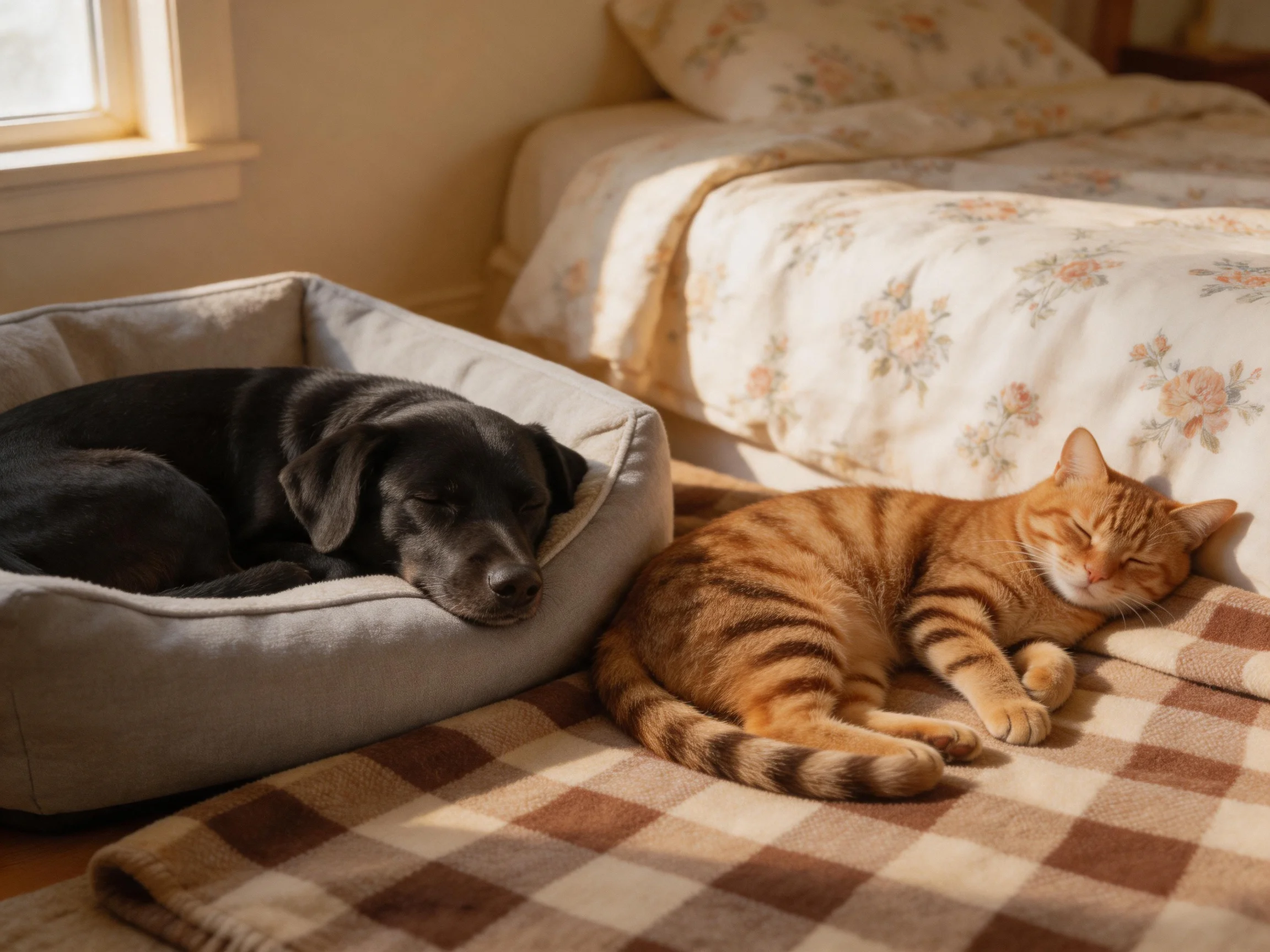 A black dog and orange tabby cat sleep peacefully near a floral bed.