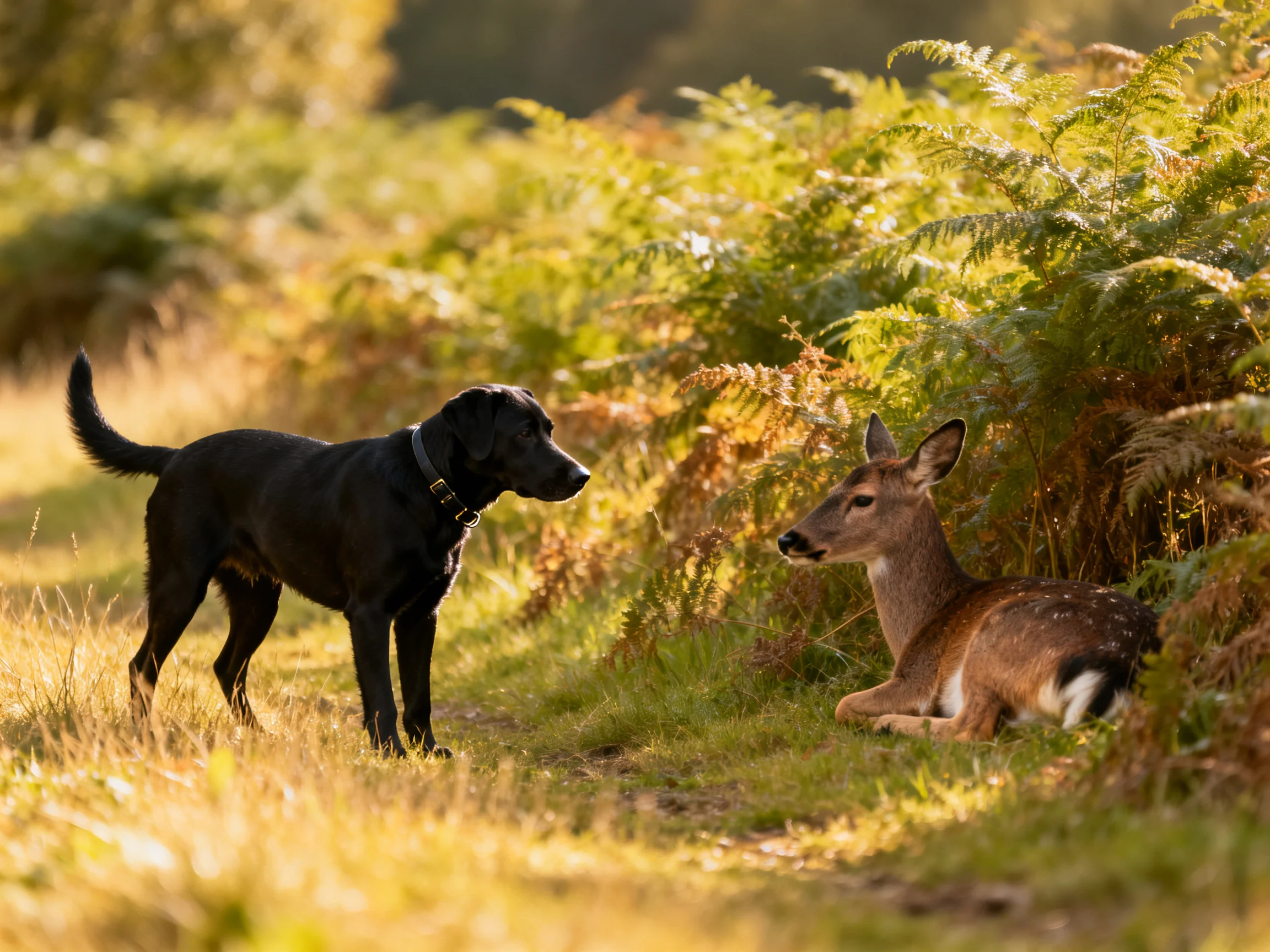 A black dog stands near a resting deer in a sunlit area with ferns.