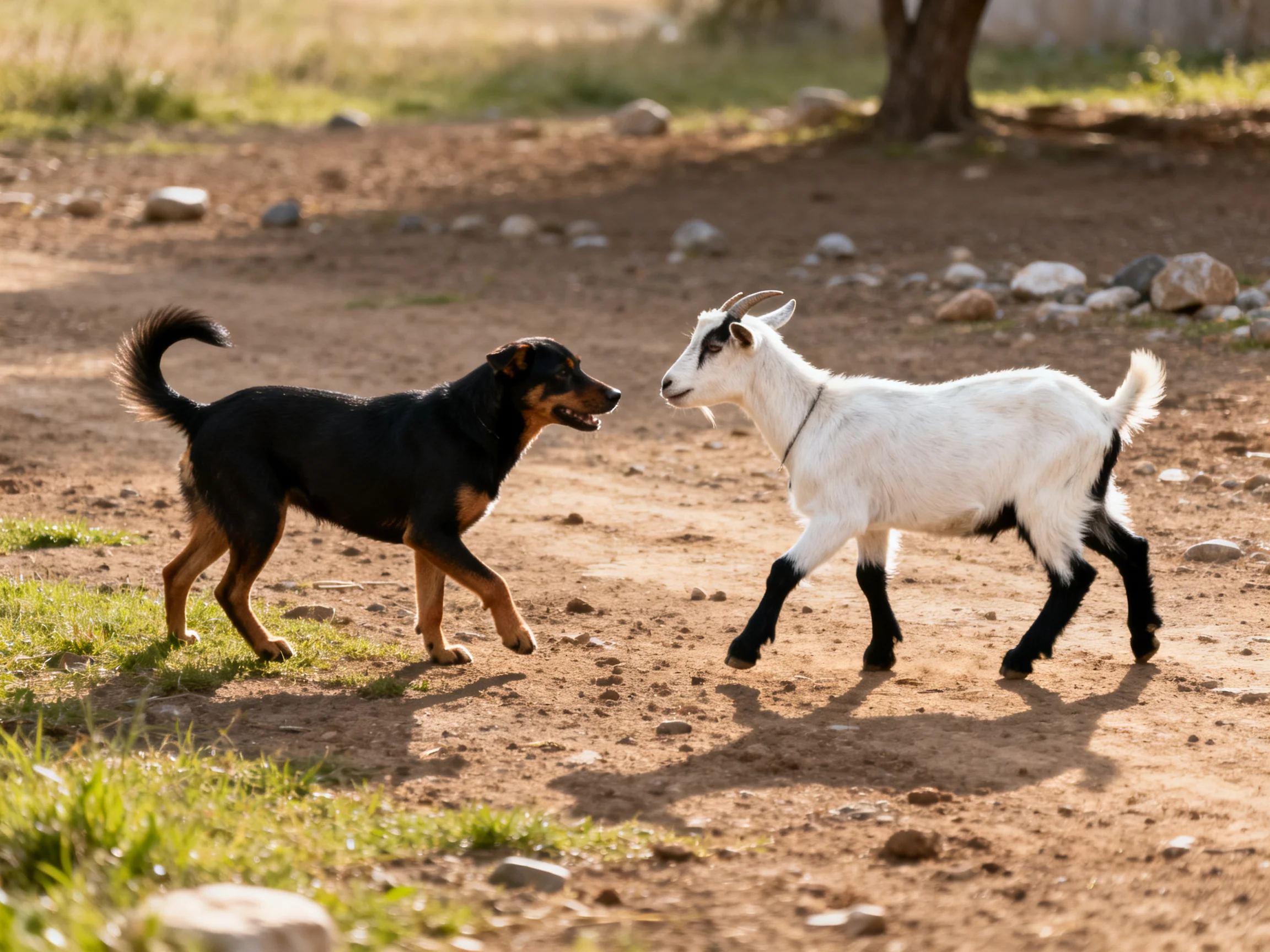 A black dog and white goat play on a rocky dusty path