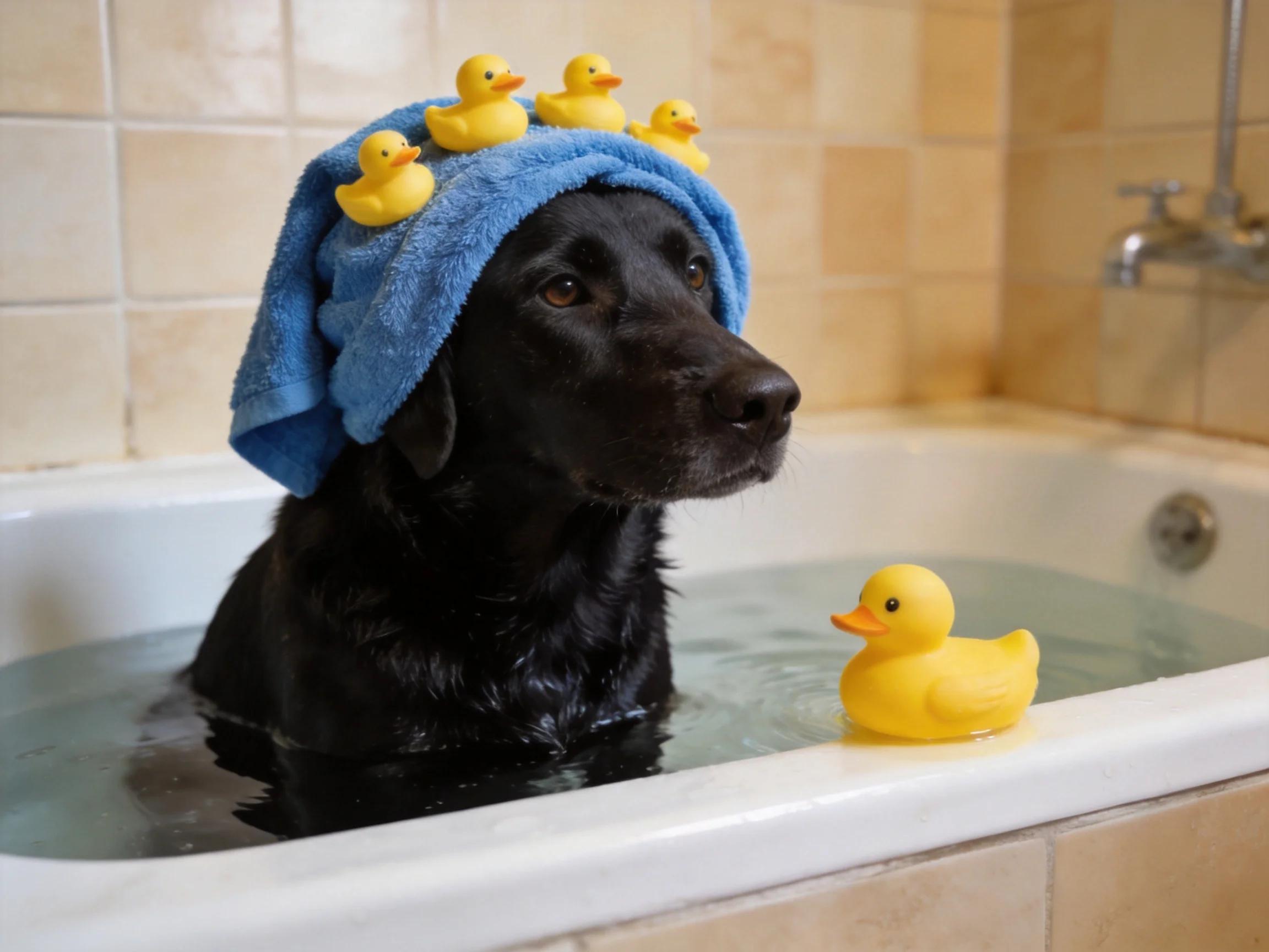A black dog enjoys bathing with yellow rubber ducks in a bathtub.
