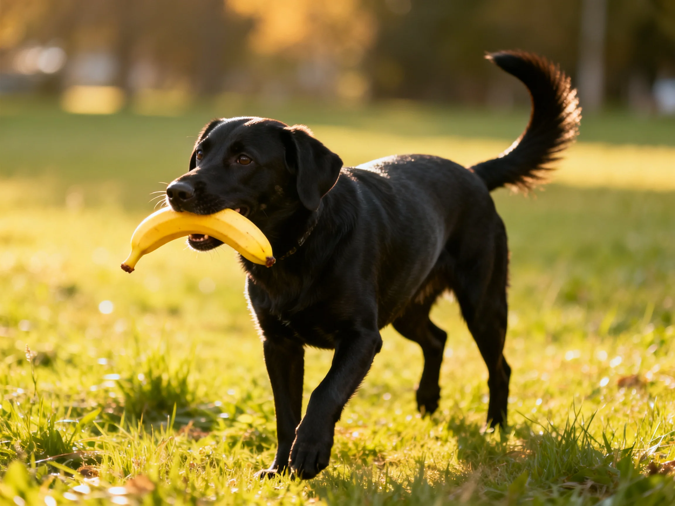 A black dog carries a yellow banana in a sunlit grassy field