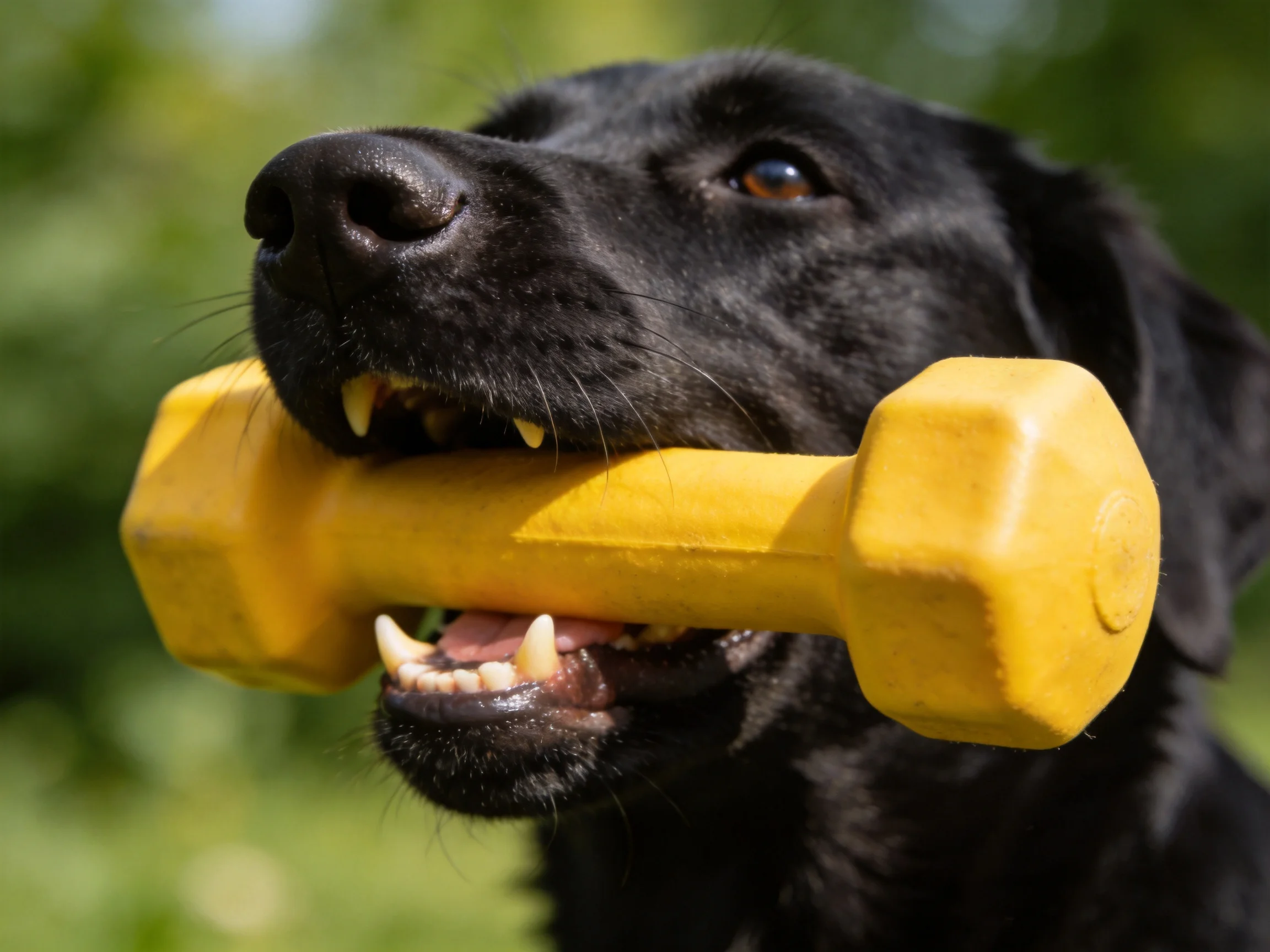 A black dog carrying a bright yellow dumbbell toy outdoors