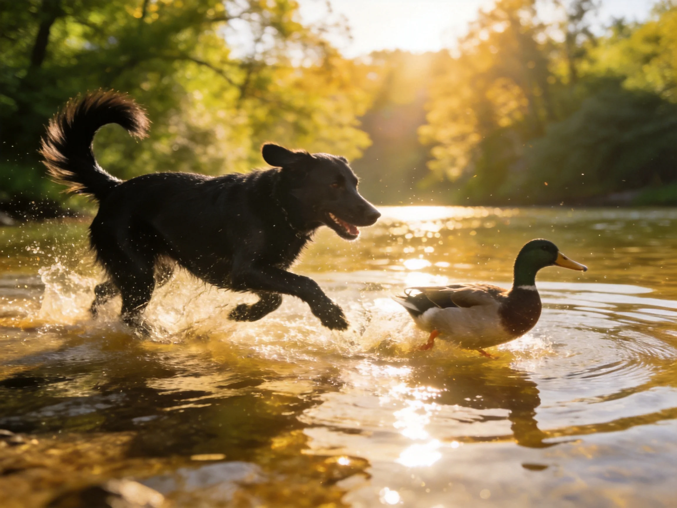 A black dog chases a duck through golden river waters