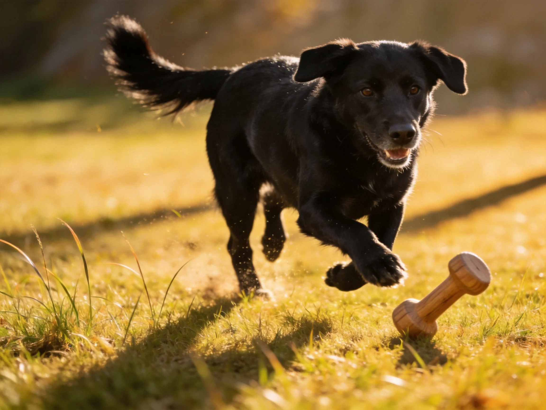 A black dog chases a wooden toy in a sunlit grassy area