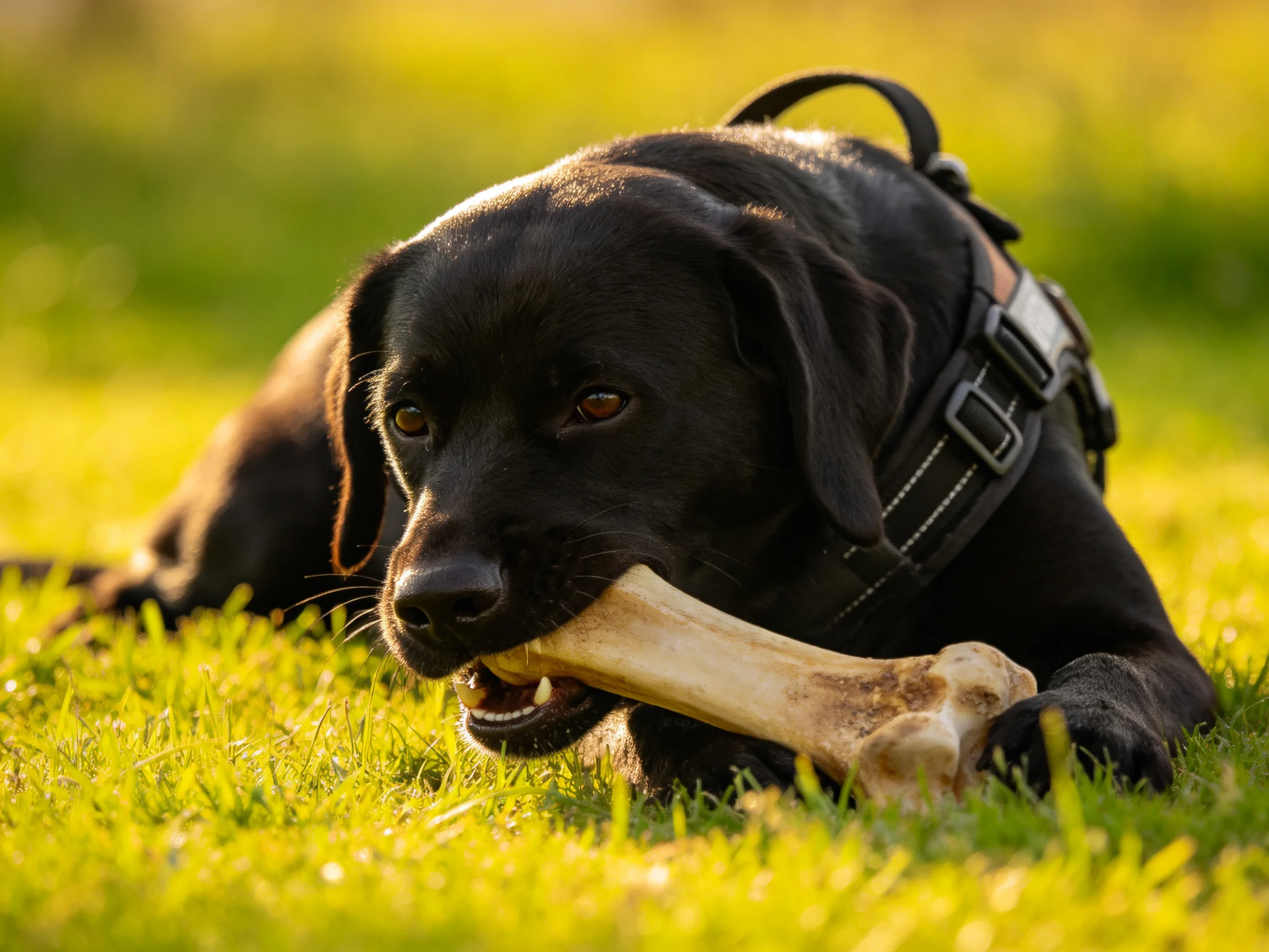 A black dog chewing a large bone on lush green grass