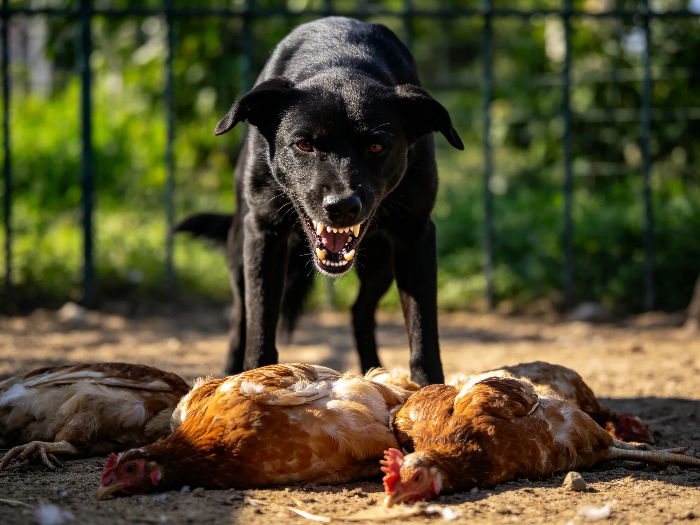A black dog confronts three dead brown chickens outdoors