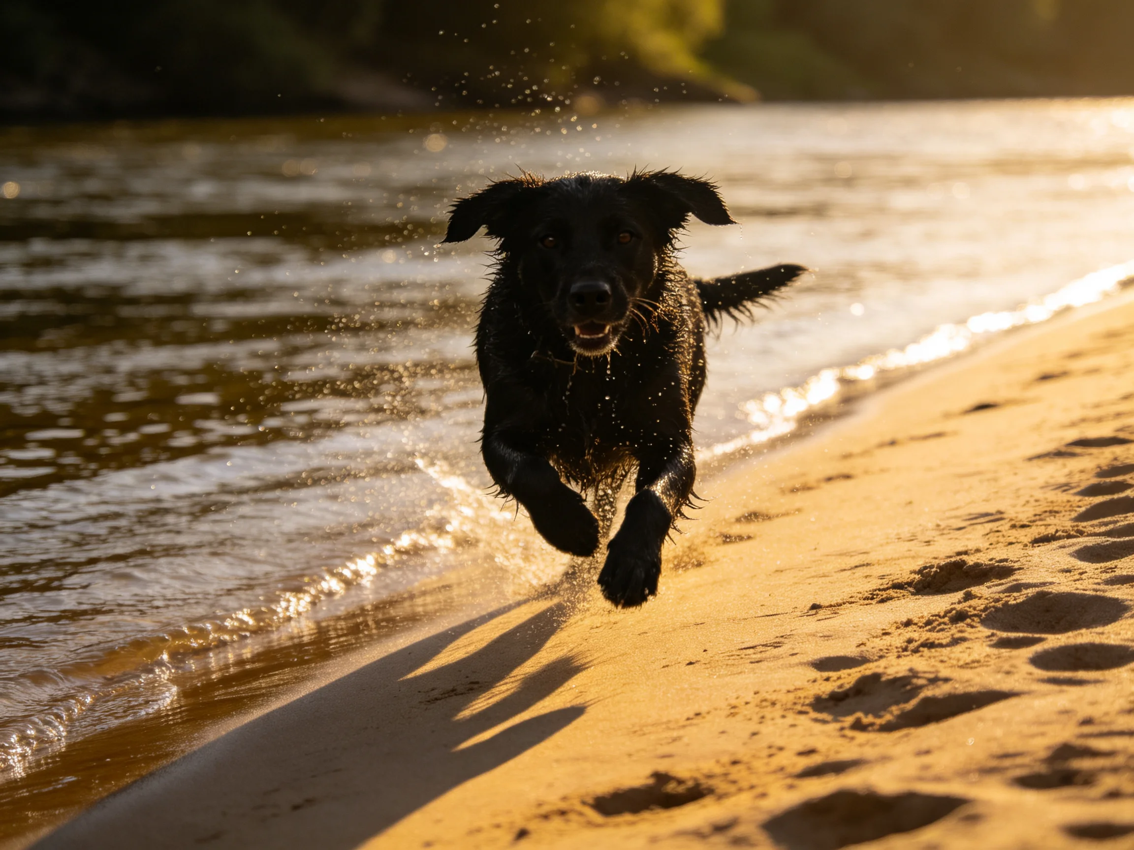 A black dog dashes along golden sandy shore by calm water