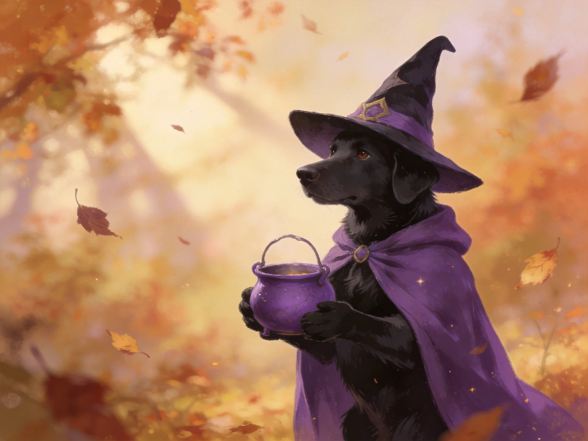 A black dog dressed as a witch holds a purple cauldron amid falling autumn leaves