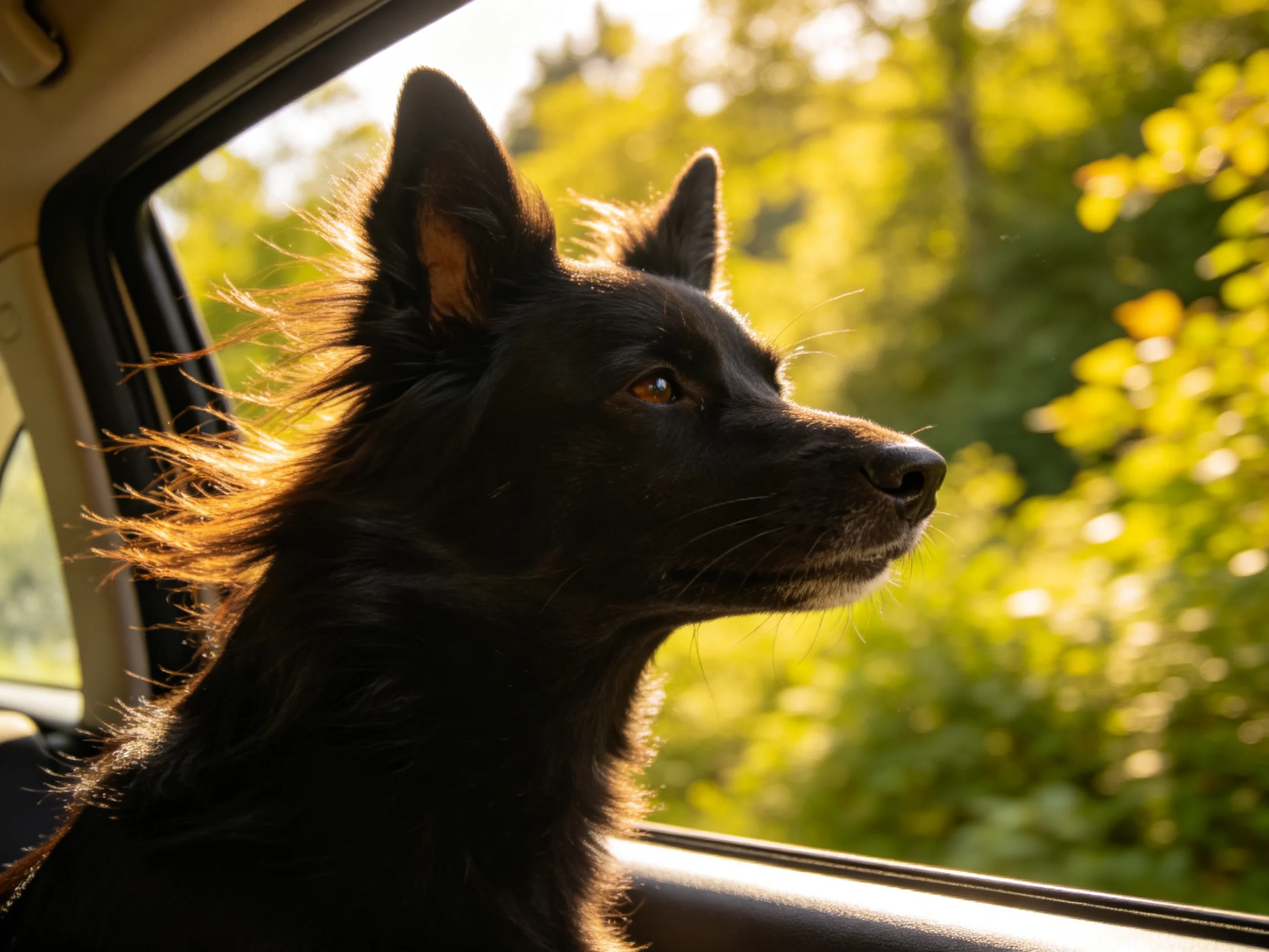 A black dog gazes out a car window into sunny green foliage