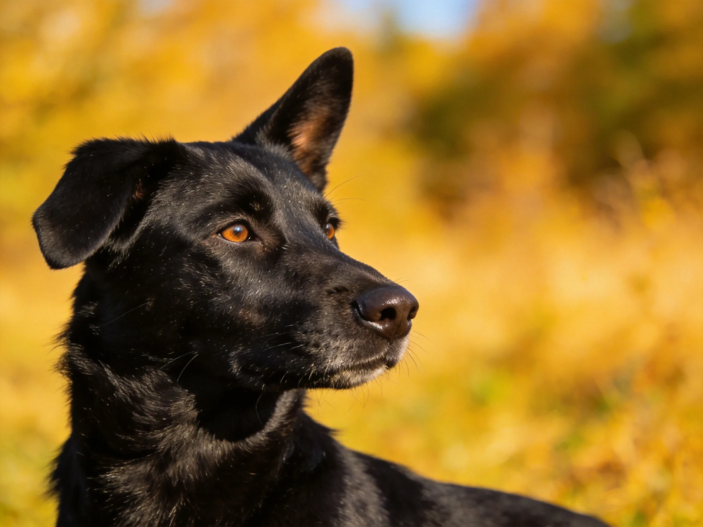 A black dog gazes thoughtfully into a golden autumn landscape