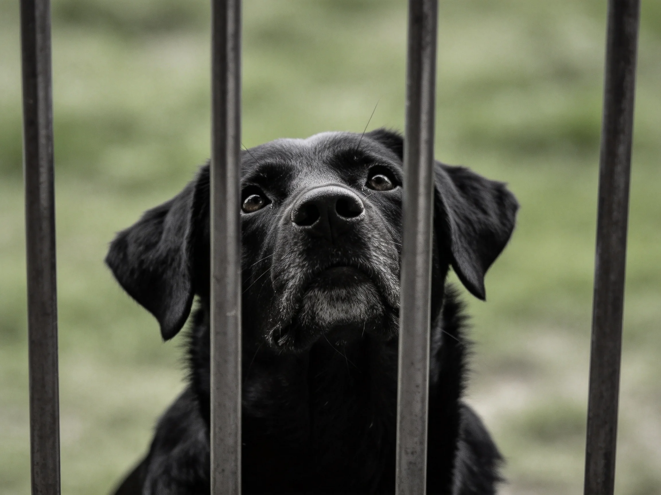 A black dog looks through metal bars in an outdoor setting.