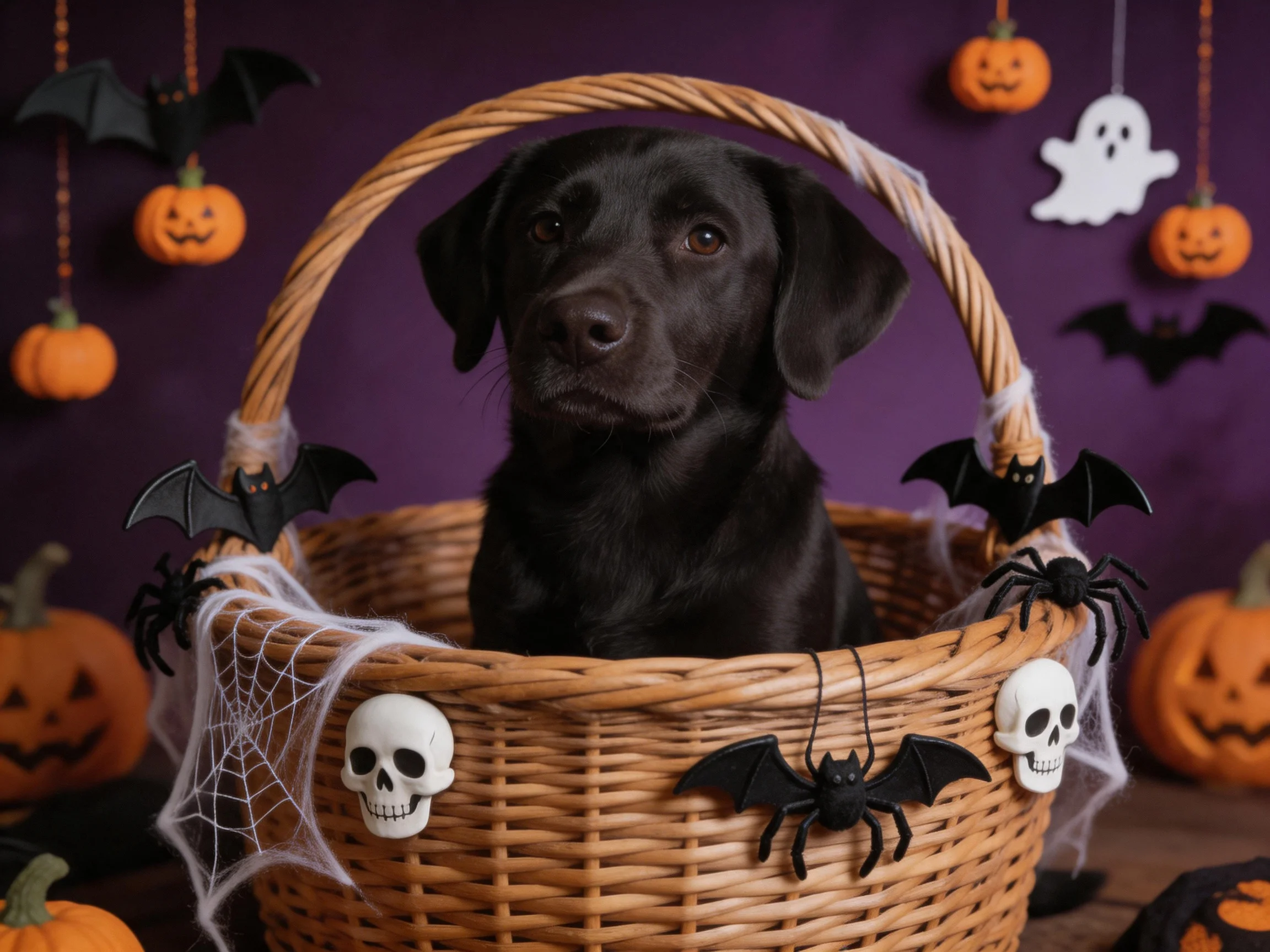 A black dog sits in a Halloween-decorated wicker basket amidst spooky decorations.