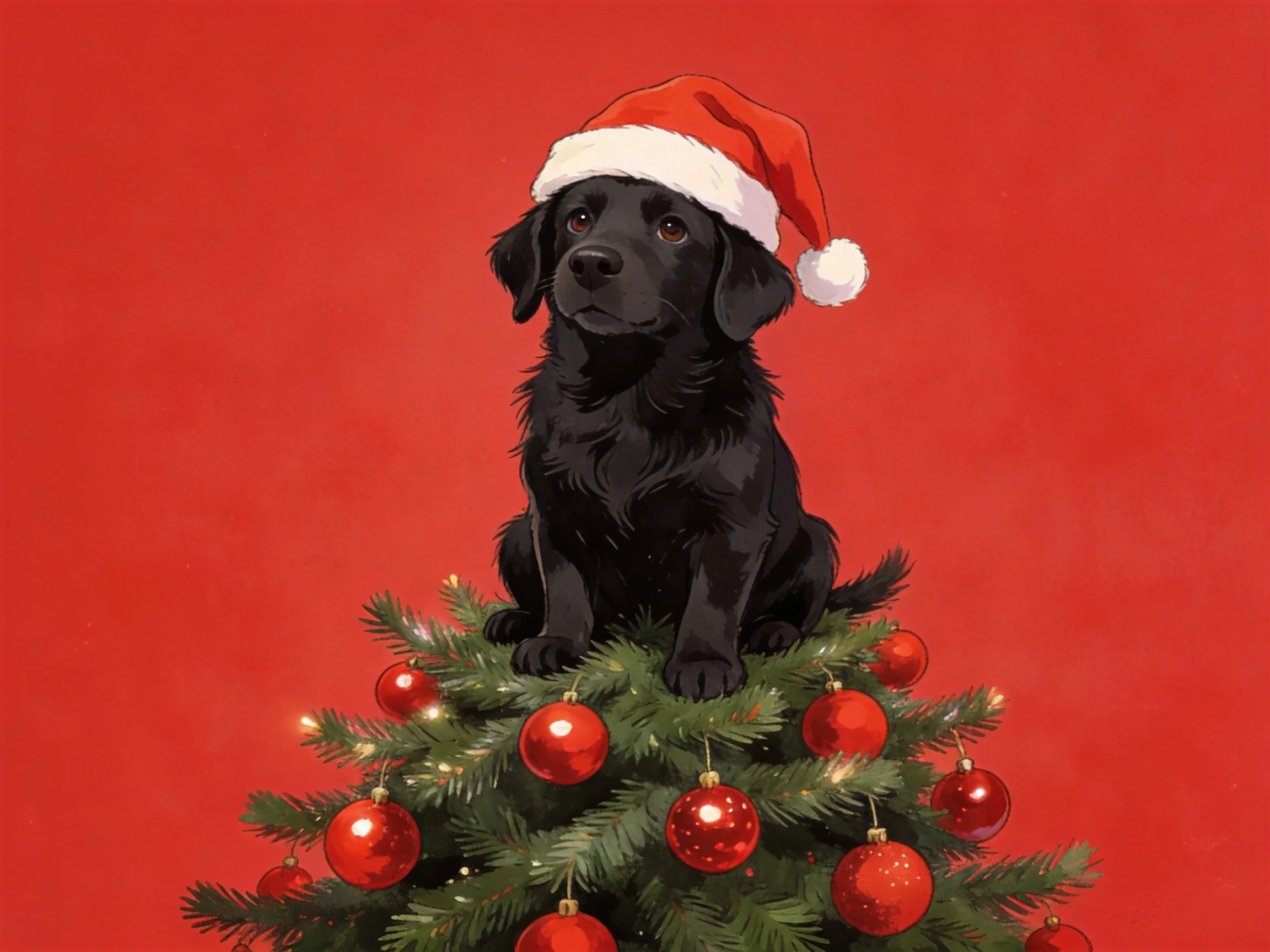 A black dog in a Santa hat sits atop a decorated Christmas tree